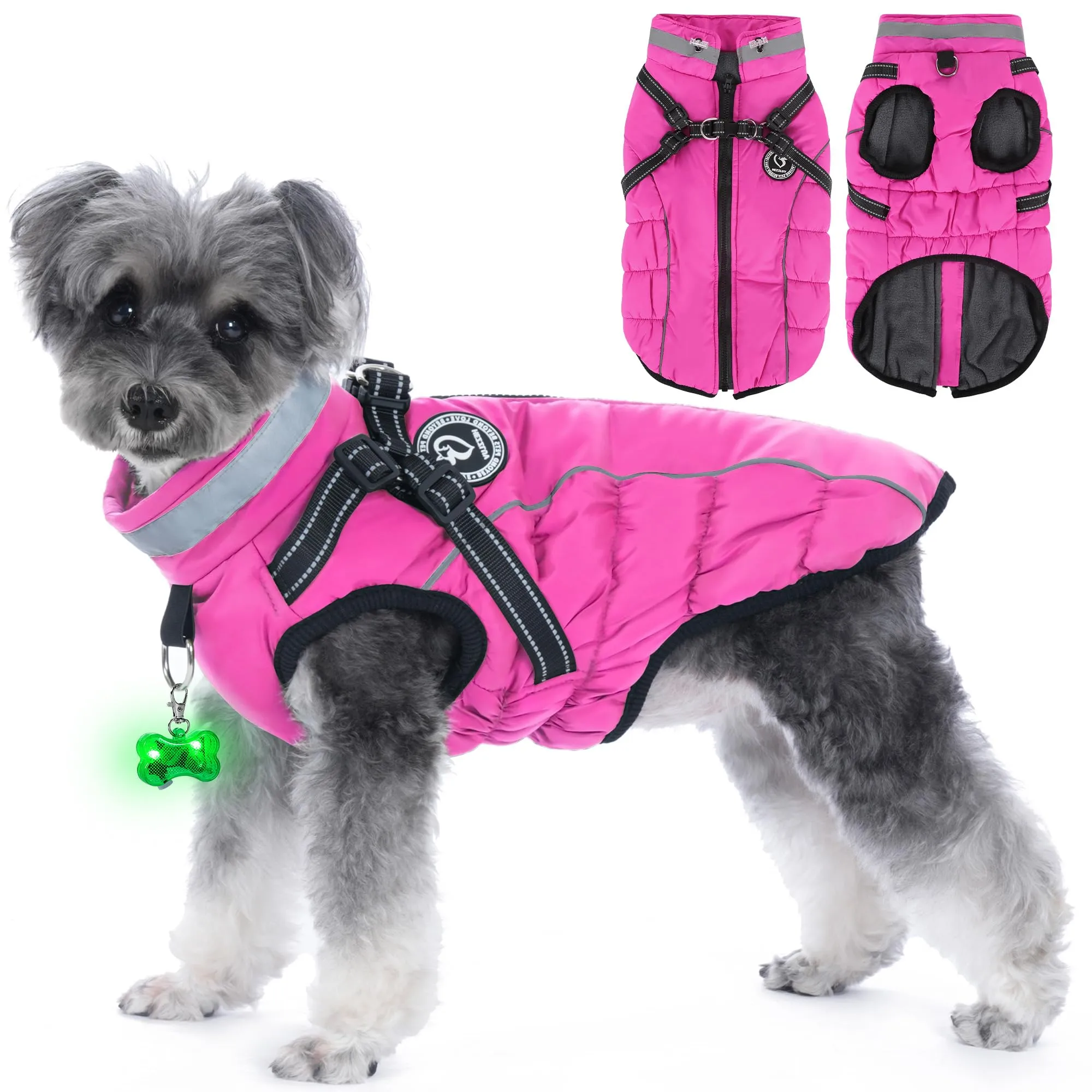 HezzLuv Giubbotto Invernale per Cani Impermeabile con Pettorina, Strisce Riflettenti & Collare LED, Foderato in Pile, Antivento/Regolabile – Cappotto Caldo per Cani Piccoli e Medi - immagine 1