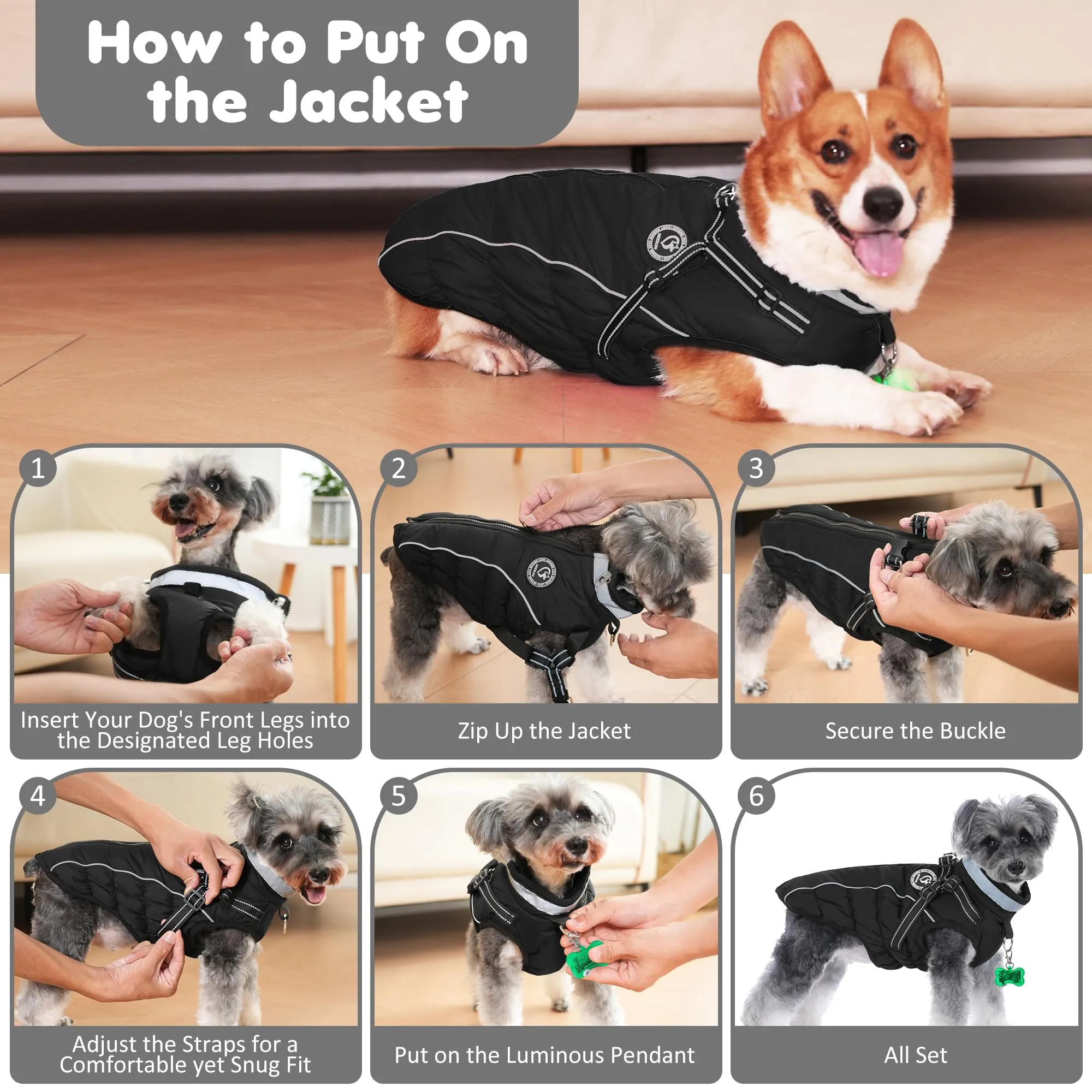HezzLuv Giubbotto Invernale per Cani Impermeabile con Pettorina, Strisce Riflettenti & Collare LED, Foderato in Pile, Antivento/Regolabile – Cappotto Caldo per Cani Piccoli e Medi - immagine 7