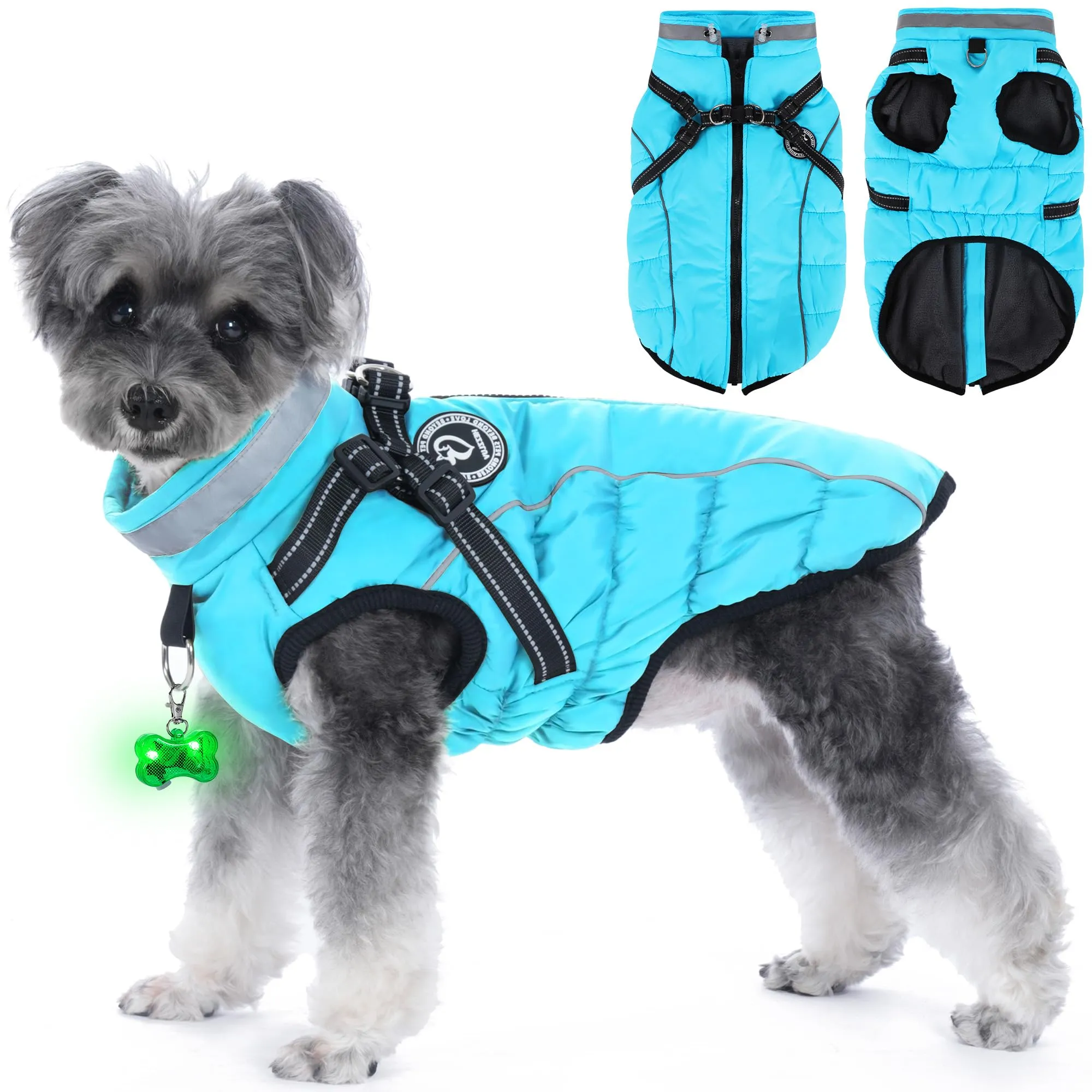 HezzLuv Giubbotto Invernale per Cani Impermeabile con Pettorina, Strisce Riflettenti & Collare LED, Foderato in Pile, Antivento/Regolabile – Cappotto Caldo per Cani Piccoli e Medi - immagine 1