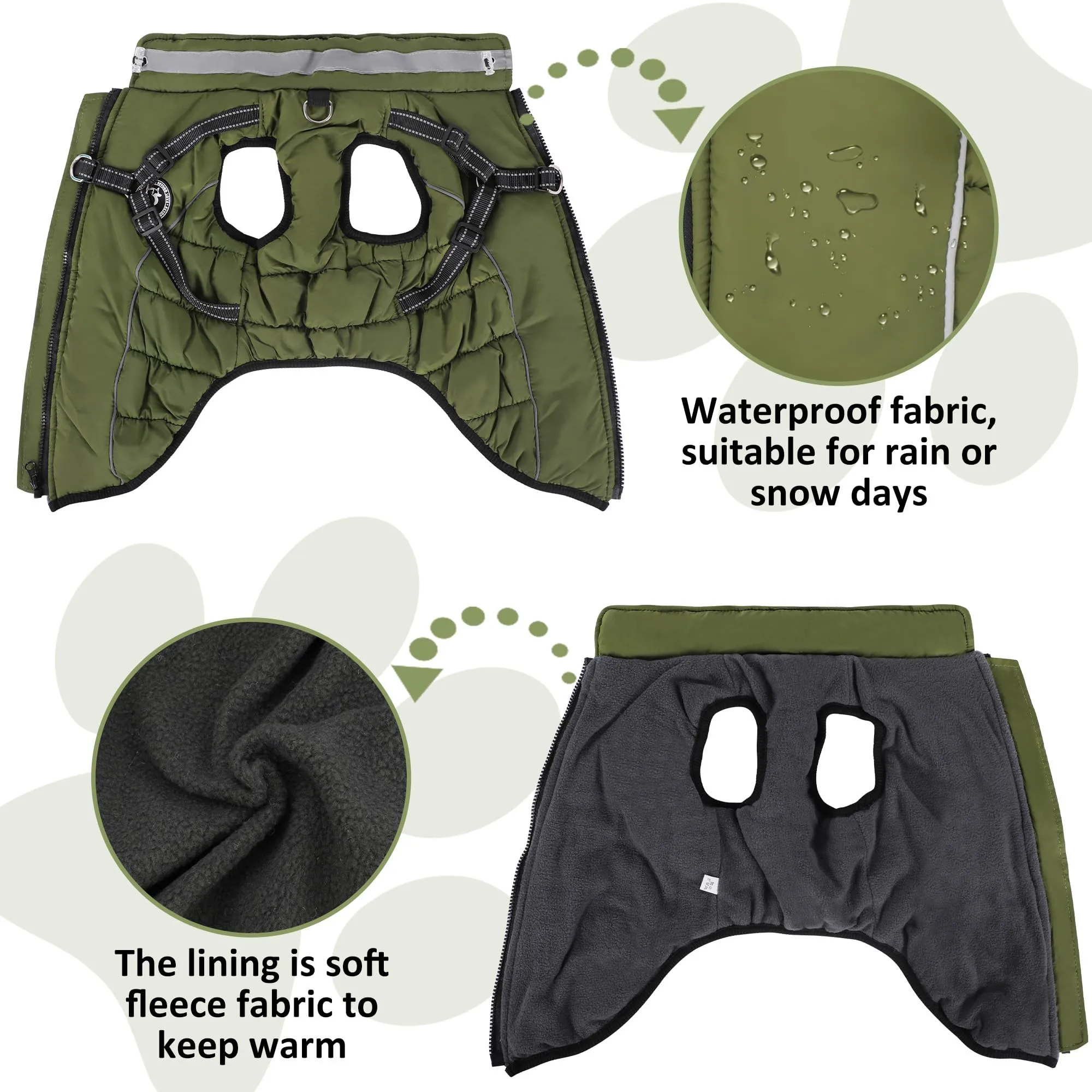 HezzLuv Giubbotto Invernale per Cani Impermeabile con Pettorina, Strisce Riflettenti & Collare LED, Foderato in Pile, Antivento/Regolabile – Cappotto Caldo per Cani Piccoli e Medi - immagine 3