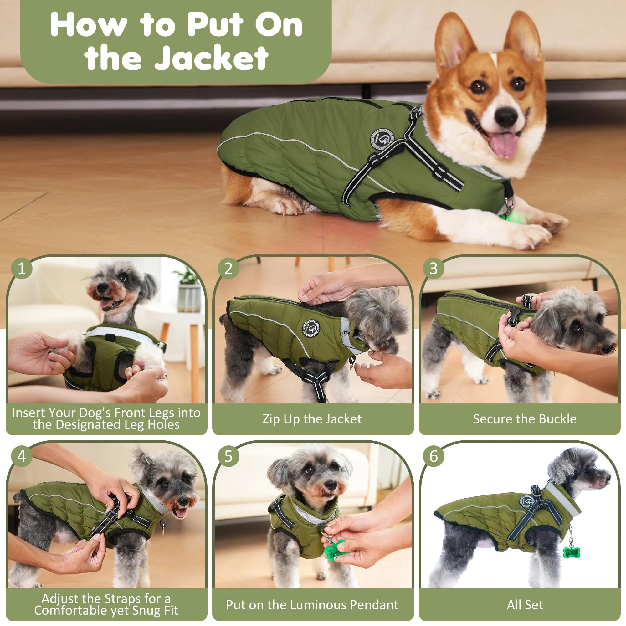 HezzLuv Giubbotto Invernale per Cani Impermeabile con Pettorina, Strisce Riflettenti & Collare LED, Foderato in Pile, Antivento/Regolabile – Cappotto Caldo per Cani Piccoli e Medi - immagine 7
