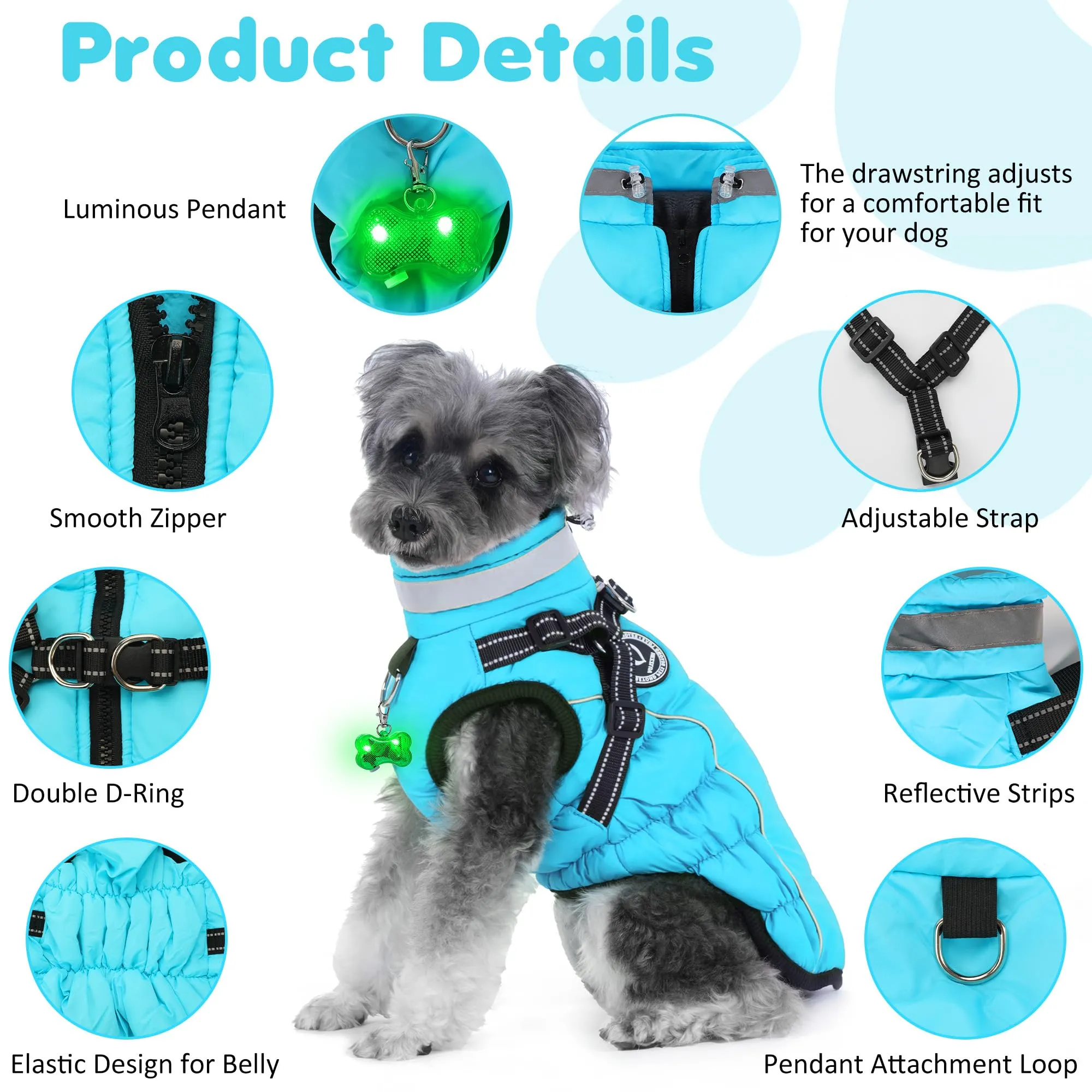 HezzLuv Giubbotto Invernale per Cani Impermeabile con Pettorina, Strisce Riflettenti & Collare LED, Foderato in Pile, Antivento/Regolabile – Cappotto Caldo per Cani Piccoli e Medi - immagine 4