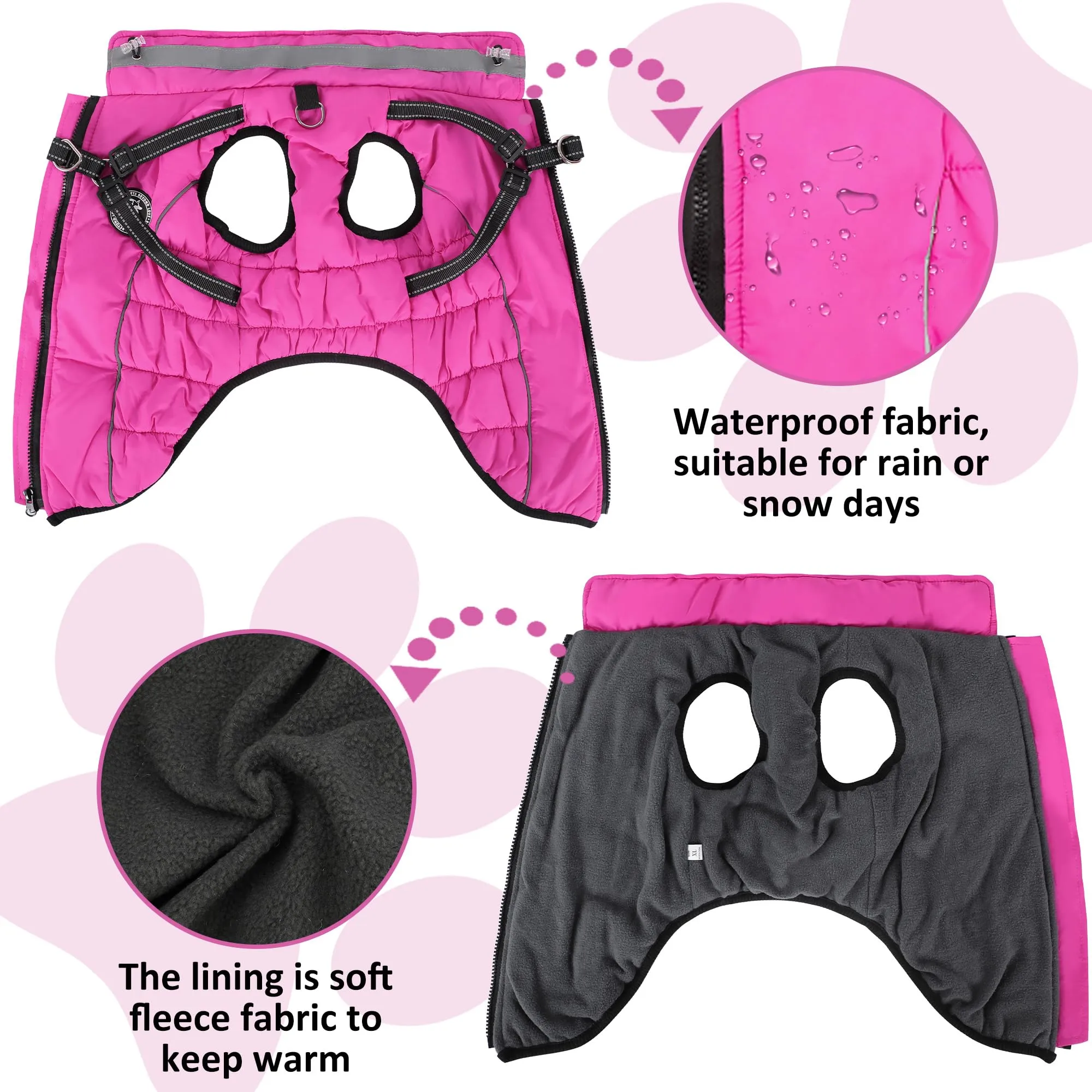 HezzLuv Giubbotto Invernale per Cani Impermeabile con Pettorina, Strisce Riflettenti & Collare LED, Foderato in Pile, Antivento/Regolabile – Cappotto Caldo per Cani Piccoli e Medi - immagine 3