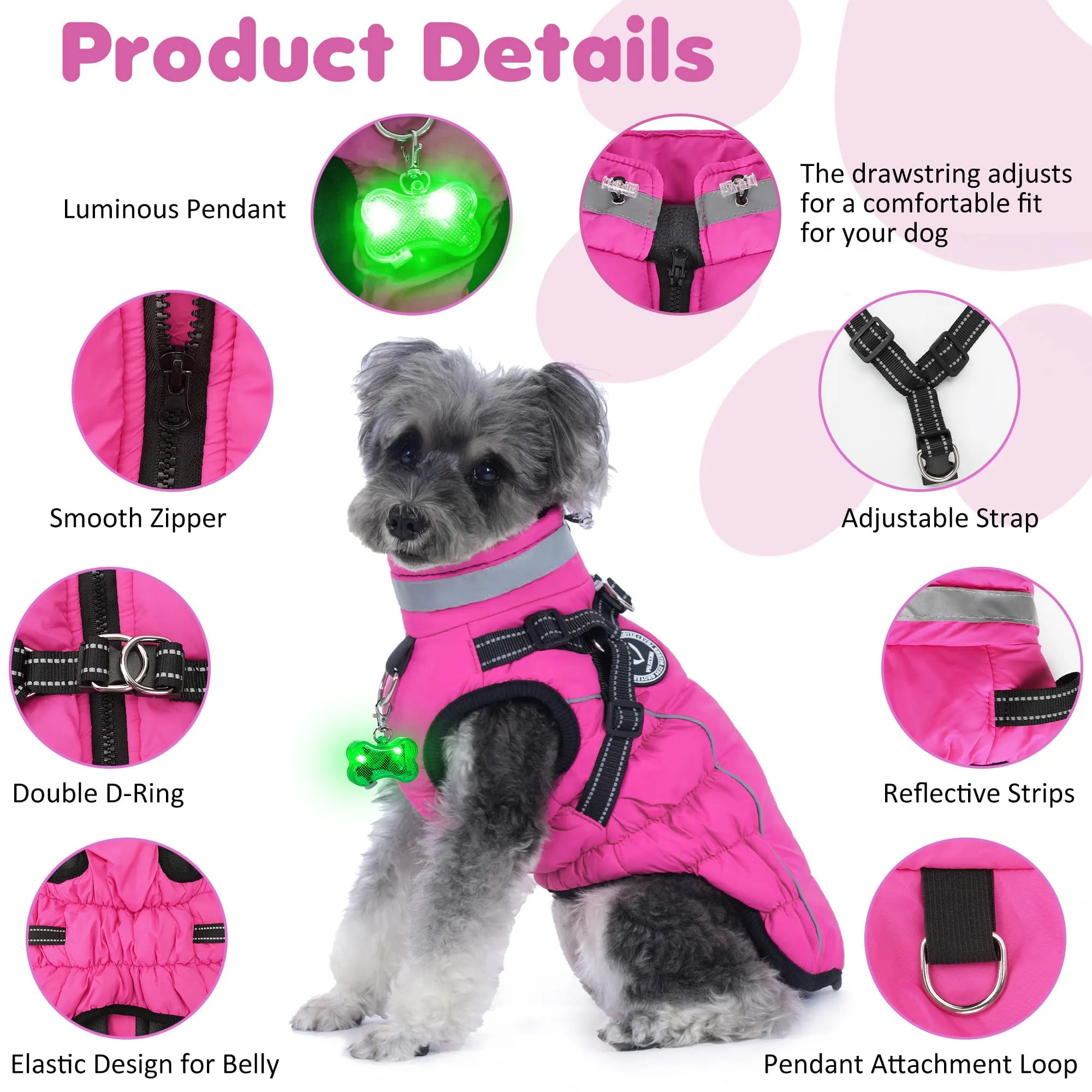 HezzLuv Giubbotto Invernale per Cani Impermeabile con Pettorina, Strisce Riflettenti & Collare LED, Foderato in Pile, Antivento/Regolabile – Cappotto Caldo per Cani Piccoli e Medi - immagine 4