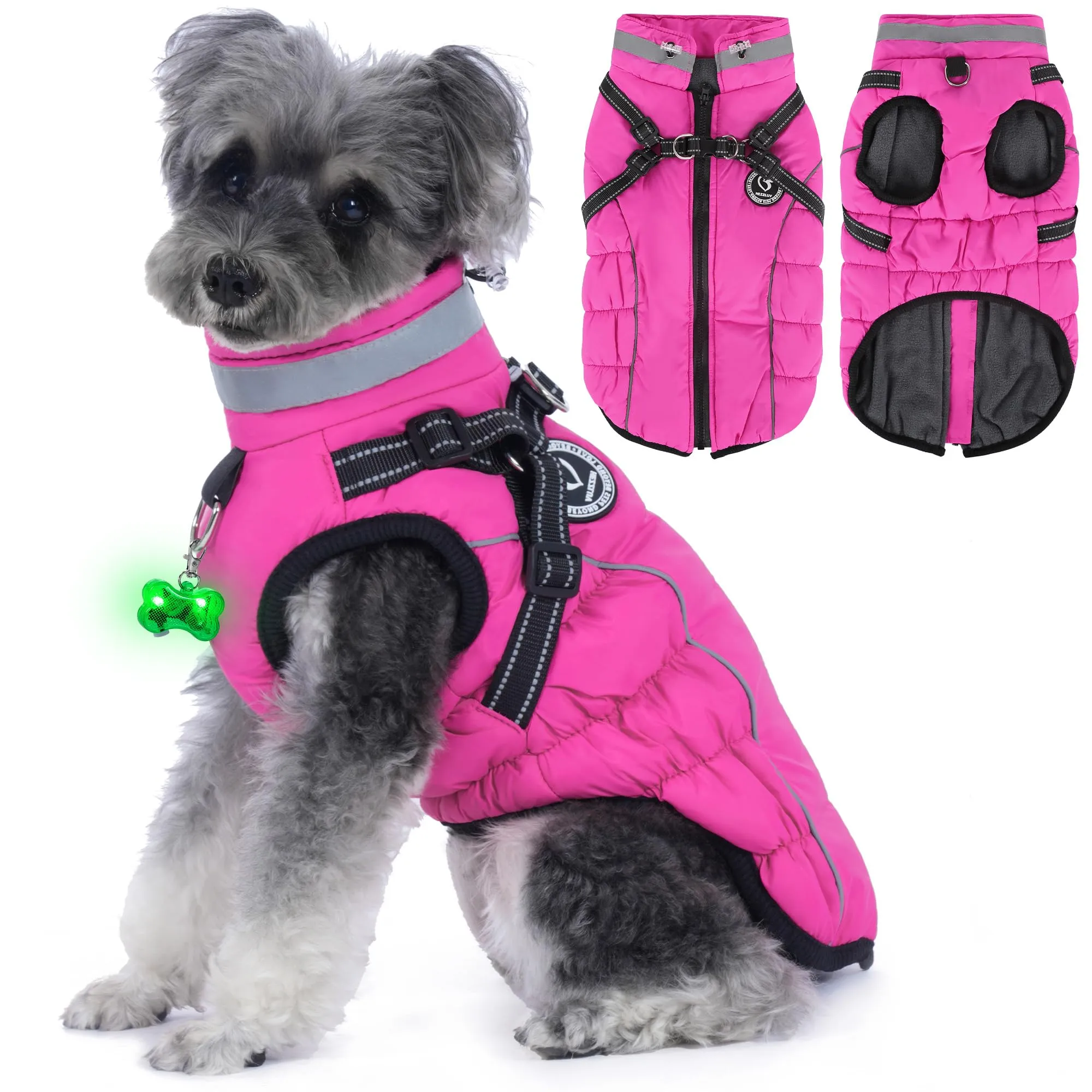 HezzLuv Giubbotto Invernale per Cani Impermeabile con Pettorina, Strisce Riflettenti & Collare LED, Foderato in Pile, Antivento/Regolabile – Cappotto Caldo per Cani Piccoli e Medi - immagine 8