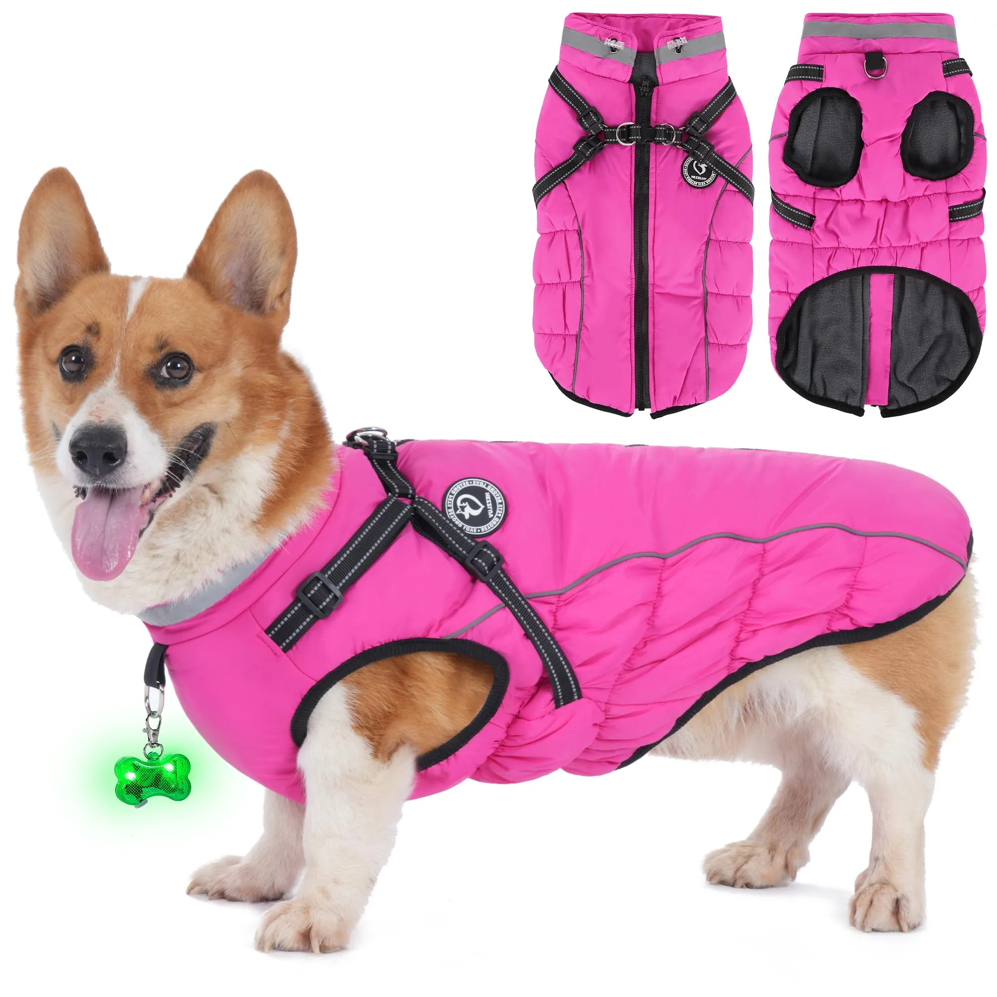 HezzLuv Giubbotto Invernale per Cani Impermeabile con Pettorina, Strisce Riflettenti & Collare LED, Foderato in Pile, Antivento/Regolabile – Cappotto Caldo per Cani Piccoli e Medi - immagine 1