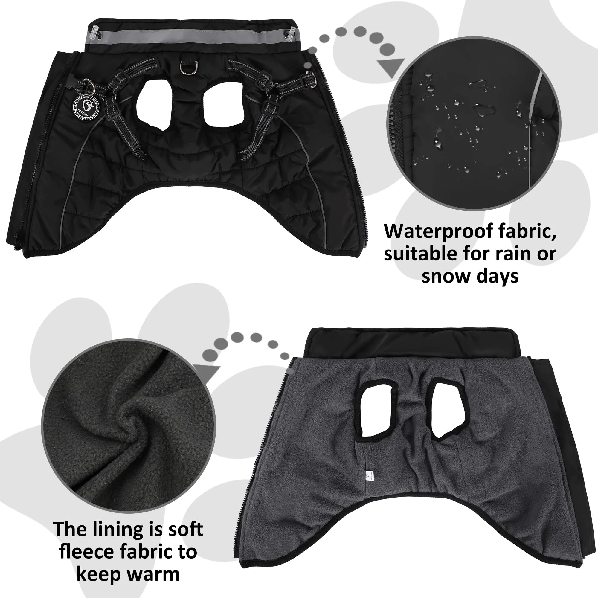HezzLuv Giubbotto Invernale per Cani Impermeabile con Pettorina, Strisce Riflettenti & Collare LED, Foderato in Pile, Antivento/Regolabile – Cappotto Caldo per Cani Piccoli e Medi - immagine 3