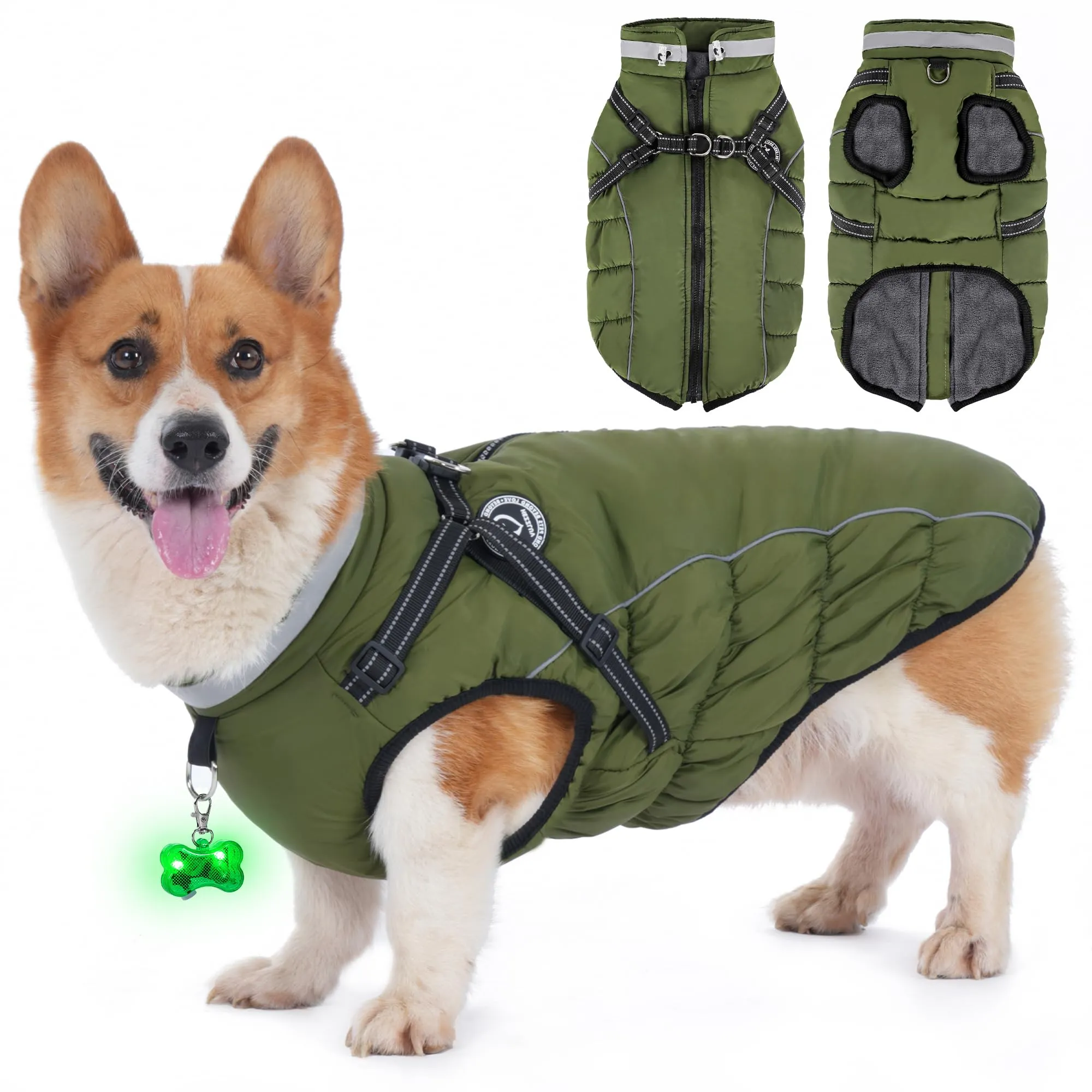 HezzLuv Giubbotto Invernale per Cani Impermeabile con Pettorina, Strisce Riflettenti & Collare LED, Foderato in Pile, Antivento/Regolabile – Cappotto Caldo per Cani Piccoli e Medi - immagine 1