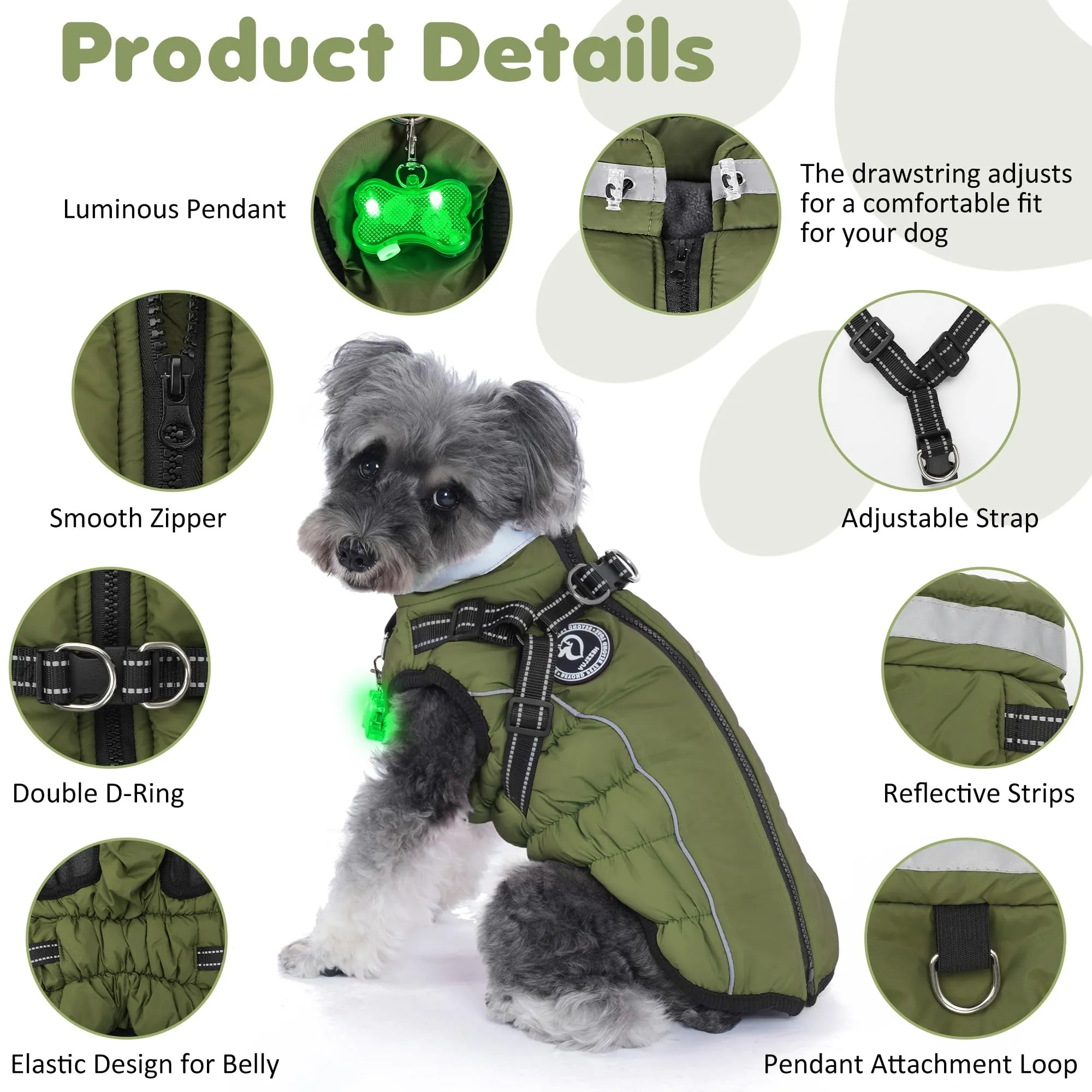 HezzLuv Giubbotto Invernale per Cani Impermeabile con Pettorina, Strisce Riflettenti & Collare LED, Foderato in Pile, Antivento/Regolabile – Cappotto Caldo per Cani Piccoli e Medi - immagine 4