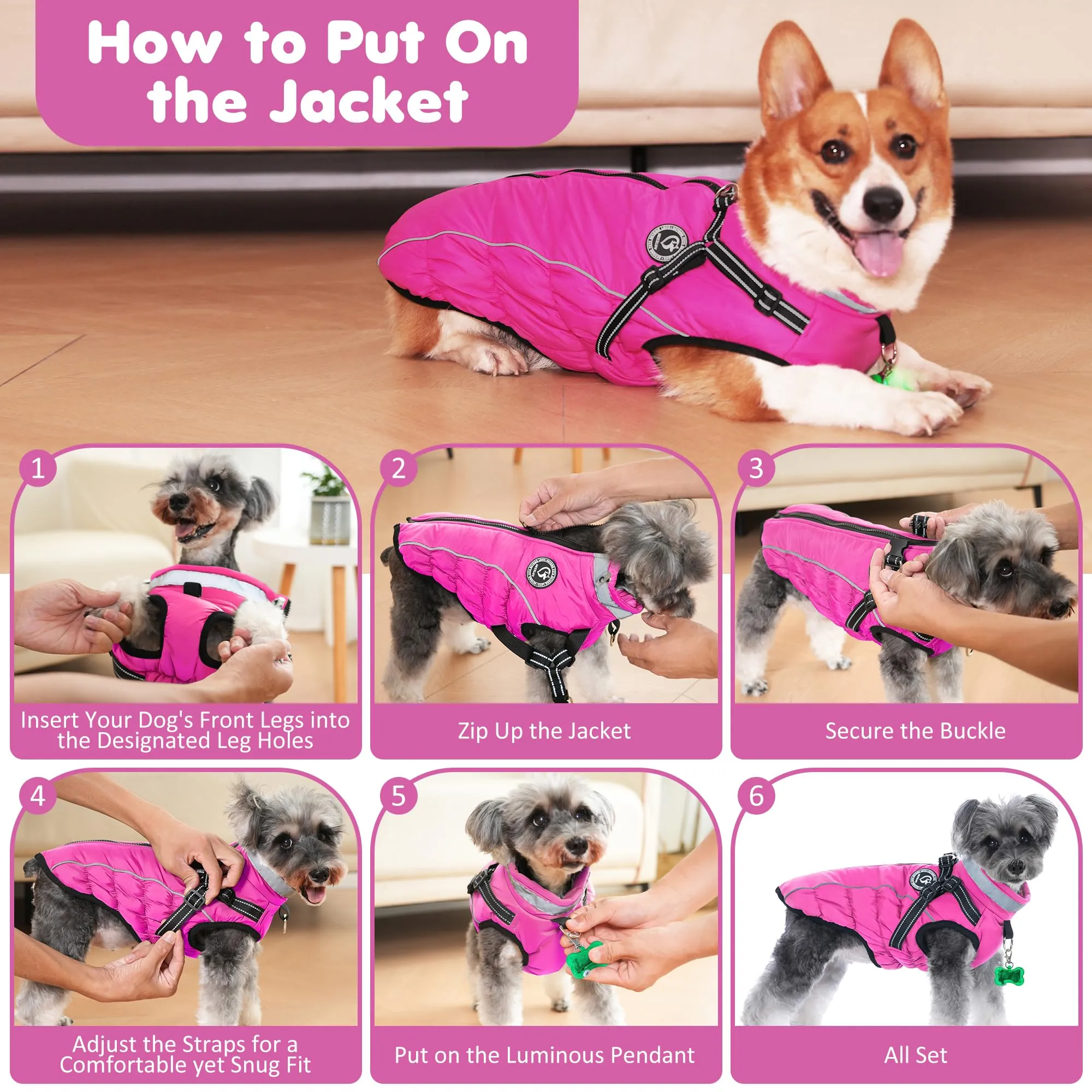HezzLuv Giubbotto Invernale per Cani Impermeabile con Pettorina, Strisce Riflettenti & Collare LED, Foderato in Pile, Antivento/Regolabile – Cappotto Caldo per Cani Piccoli e Medi - immagine 7