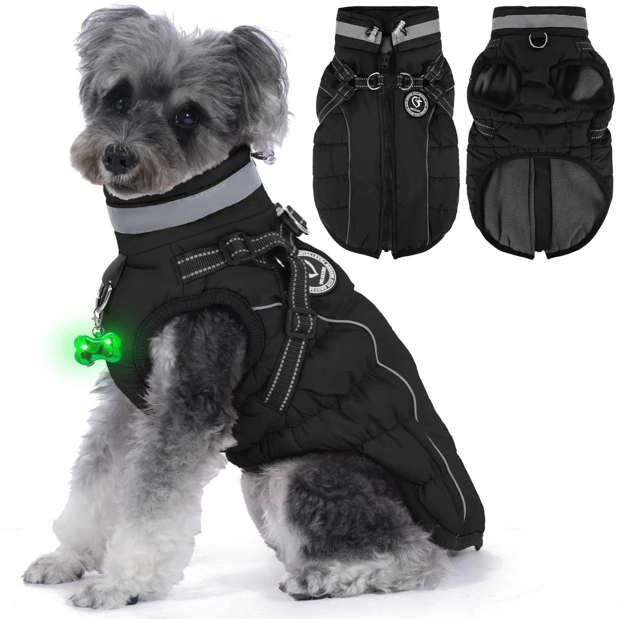 HezzLuv Giubbotto Invernale per Cani Impermeabile con Pettorina, Strisce Riflettenti & Collare LED, Foderato in Pile, Antivento/Regolabile – Cappotto Caldo per Cani Piccoli e Medi - immagine 8