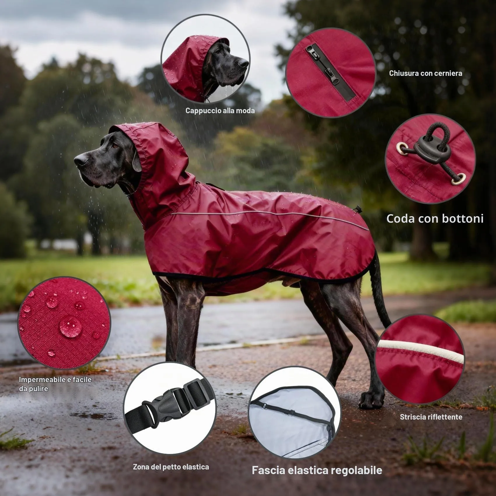Mosucoirl Giacca da Impermeabile per Cani Cappuccio Riflettente Cappuccio da Pioggia per Animali Domestici Poncho con Vestiti per Cani Piccoli e Medi (Rosso, S) - immagine 6