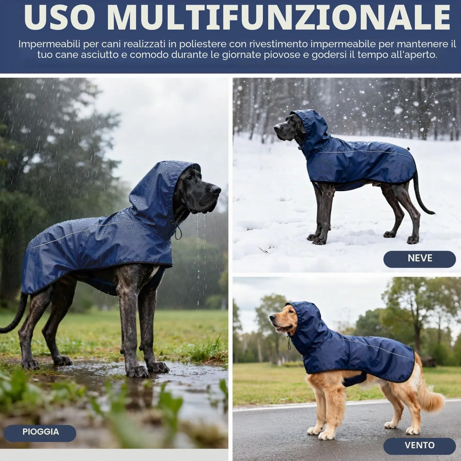 Mosucoirl Giacca da Impermeabile per Cani Cappuccio Riflettente Cappuccio da Pioggia per Animali Domestici Poncho con Vestiti per Cani Piccoli e Medi (Blu Navio, S) - immagine 4