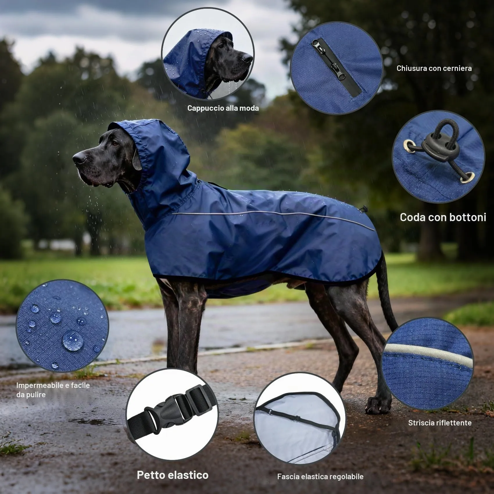 Mosucoirl Giacca da Impermeabile per Cani Cappuccio Riflettente Cappuccio da Pioggia per Animali Domestici Poncho con Vestiti per Cani Piccoli e Medi (Blu Navio, S) - immagine 6