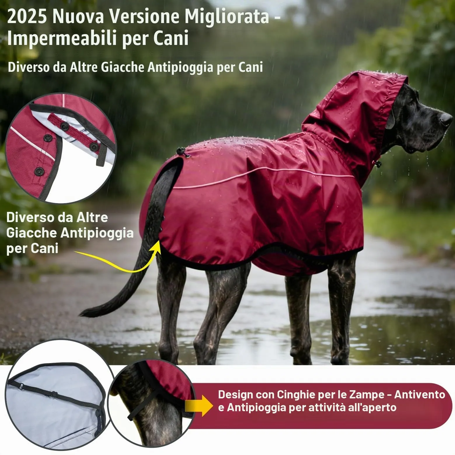 Mosucoirl Giacca da Impermeabile per Cani Cappuccio Riflettente Cappuccio da Pioggia per Animali Domestici Poncho con Vestiti per Cani Piccoli e Medi (Rosso, M) - immagine 3