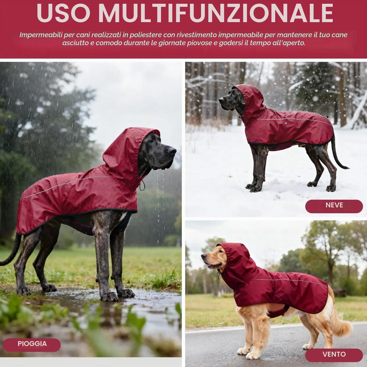 Mosucoirl Giacca da Impermeabile per Cani Cappuccio Riflettente Cappuccio da Pioggia per Animali Domestici Poncho con Vestiti per Cani Piccoli e Medi (Rosso, M) - immagine 4