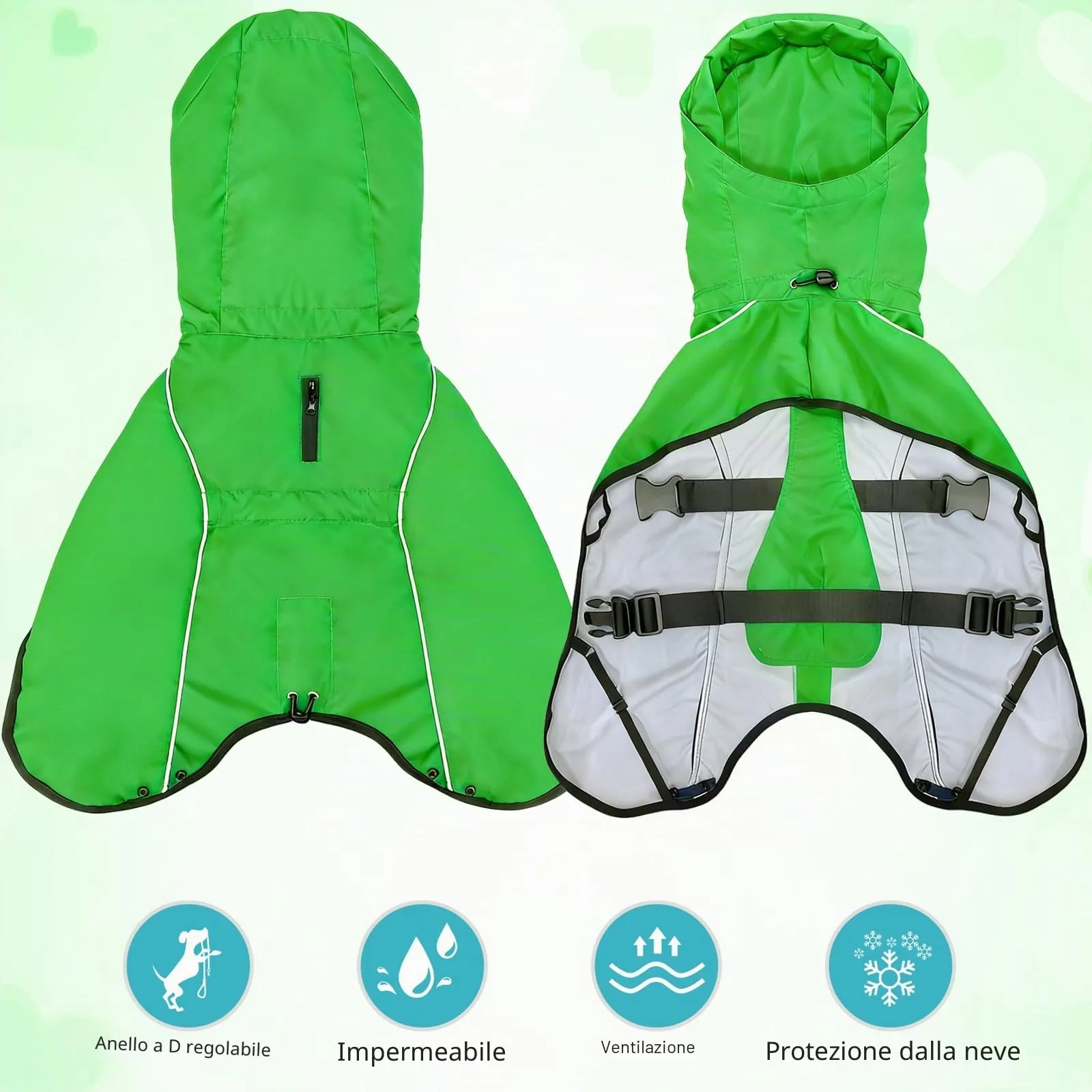 Mosucoirl Giacca da Impermeabile per Cani Cappuccio Riflettente Cappuccio da Pioggia per Animali Domestici Poncho con Vestiti per Cani Piccoli e Medi (Verde, L) - immagine 7