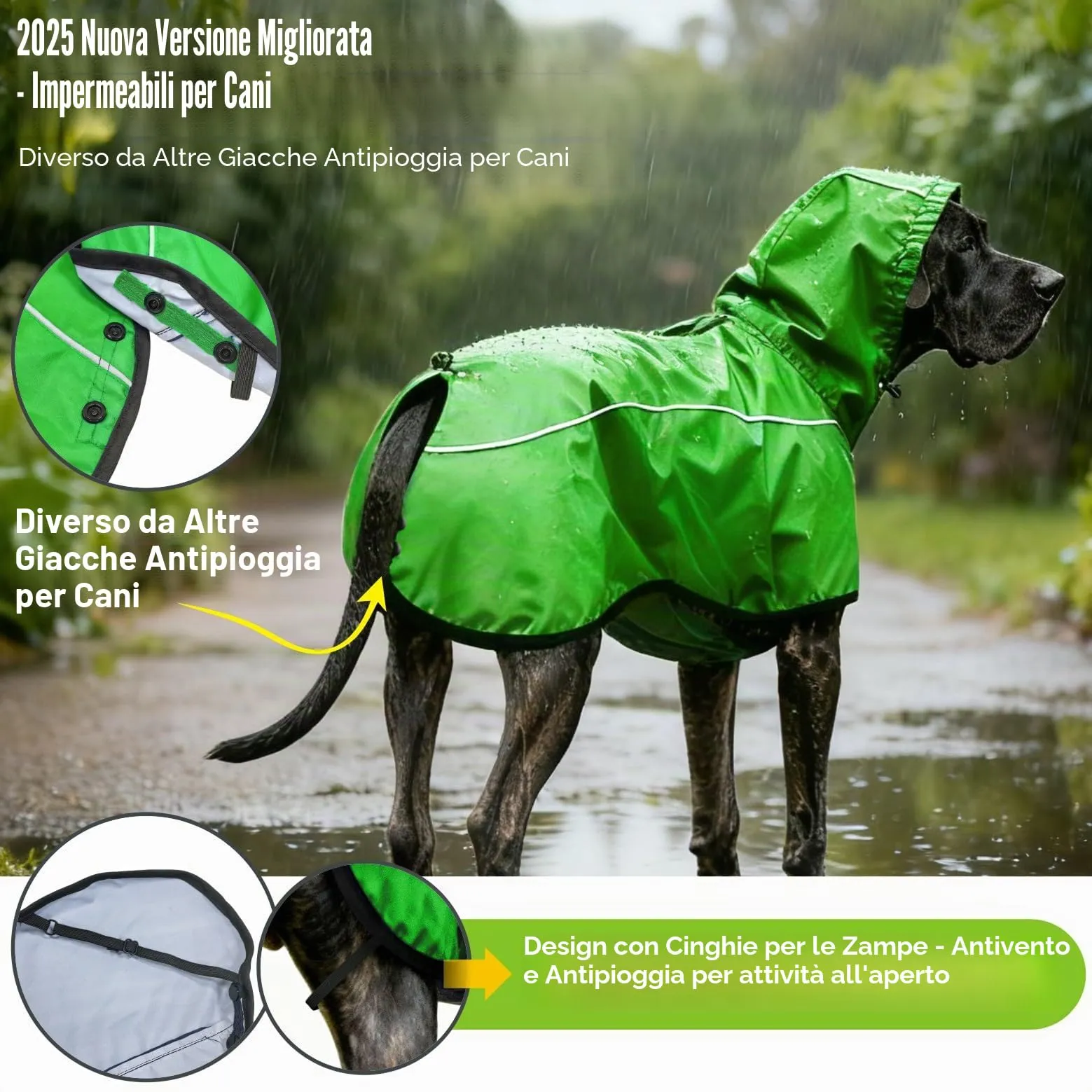 Mosucoirl Giacca da Impermeabile per Cani Cappuccio Riflettente Cappuccio da Pioggia per Animali Domestici Poncho con Vestiti per Cani Piccoli e Medi (Verde, XL) - immagine 3