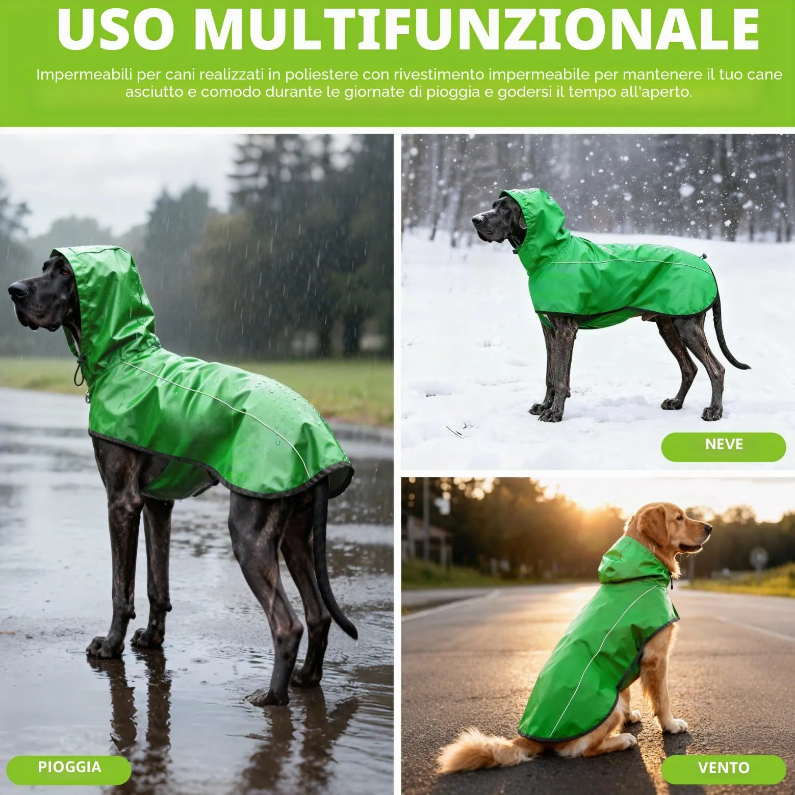 Mosucoirl Giacca da Impermeabile per Cani Cappuccio Riflettente Cappuccio da Pioggia per Animali Domestici Poncho con Vestiti per Cani Piccoli e Medi (Verde, XL) - immagine 4