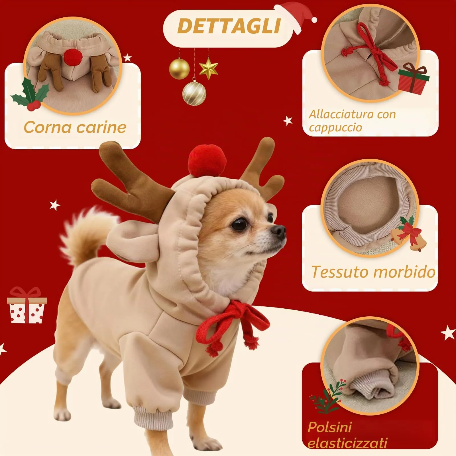 Costume di Natale per Cane, Caldo Felpa con Cappuccio Renna per Cane, L - immagine 3