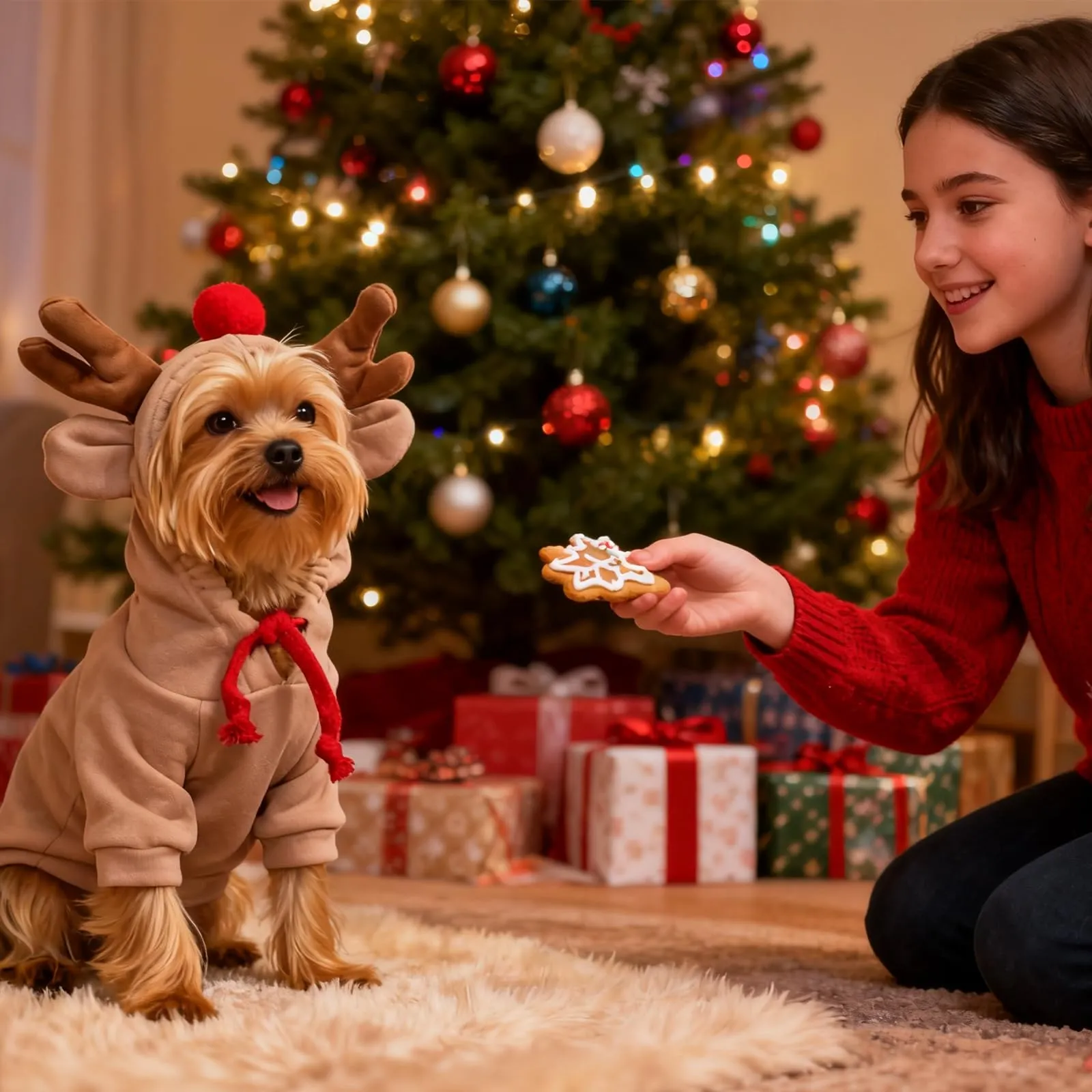 Costume di Natale per Cane, Caldo Felpa con Cappuccio Renna per Cane, M - immagine 2