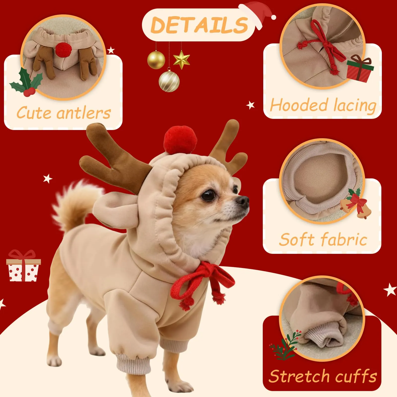 Costume di Natale per Cane, Caldo Felpa con Cappuccio Renna per Cane, XL - immagine 3