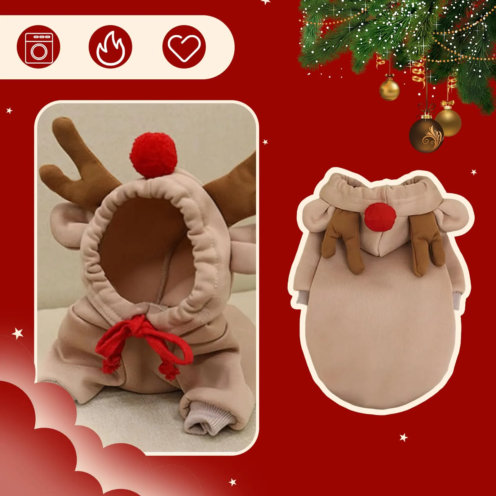 Costume di Natale per Cane, Caldo Felpa con Cappuccio Renna per Cane, S - immagine 4