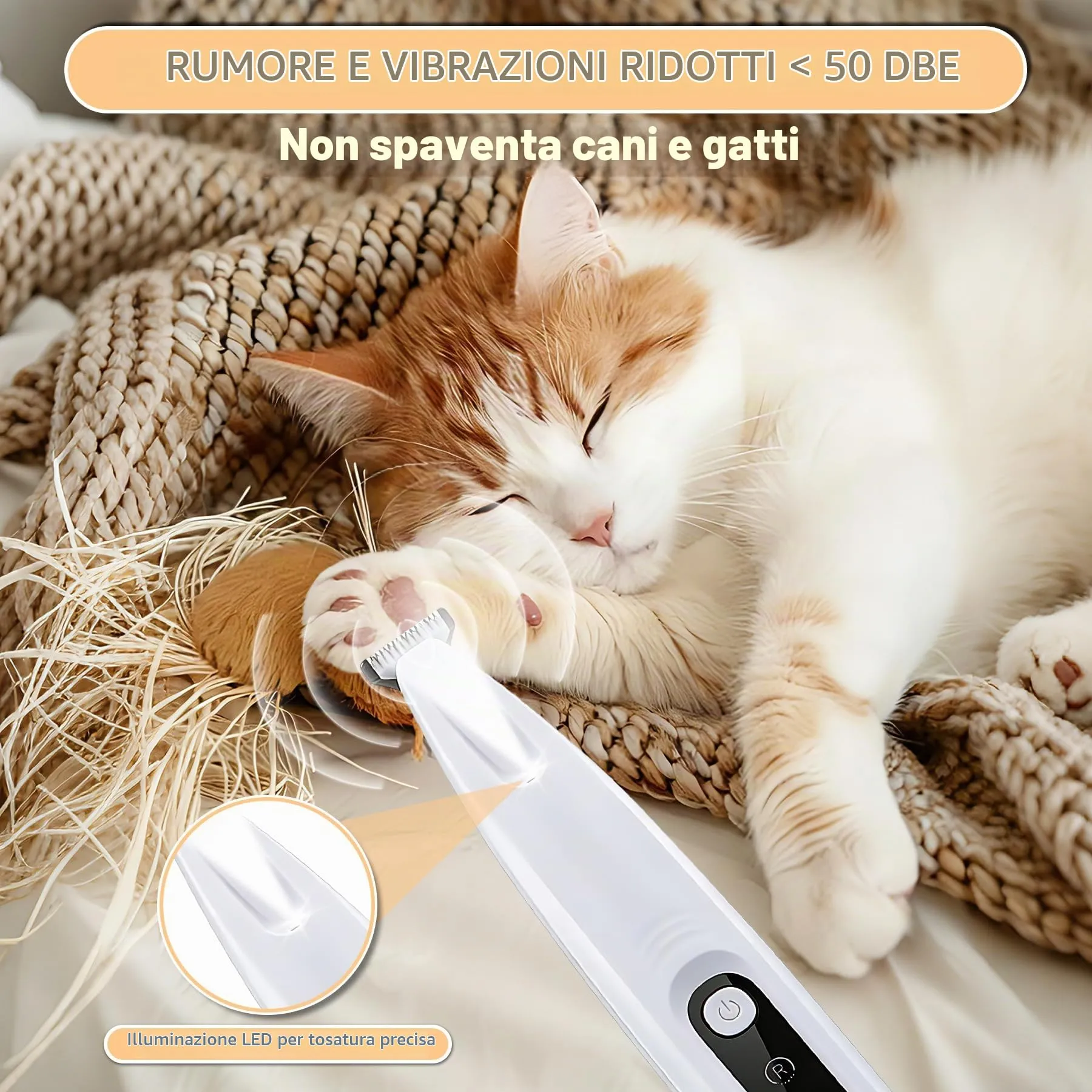Tagliazampe ricaricabile con luce a LED，silenzioso Tosatrice per Cani，Con lama di ricambio，Rasoio per Cani impermeabile，Per la riparazione di cani, gatti, piedi, orecchie - immagine 5