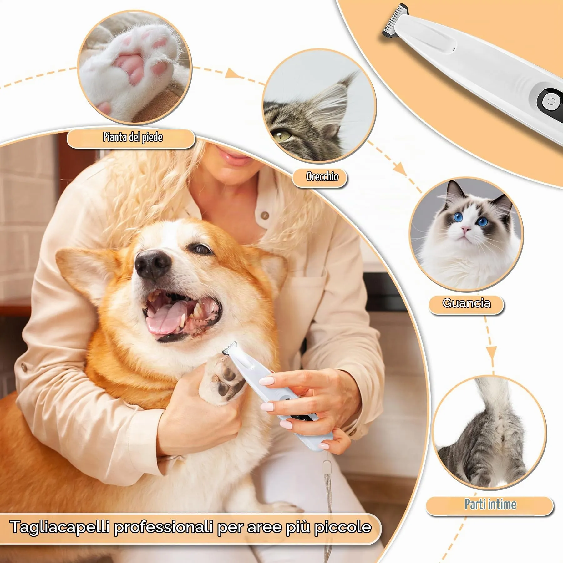 Tagliazampe ricaricabile con luce a LED，silenzioso Tosatrice per Cani，Con lama di ricambio，Rasoio per Cani impermeabile，Per la riparazione di cani, gatti, piedi, orecchie - immagine 6
