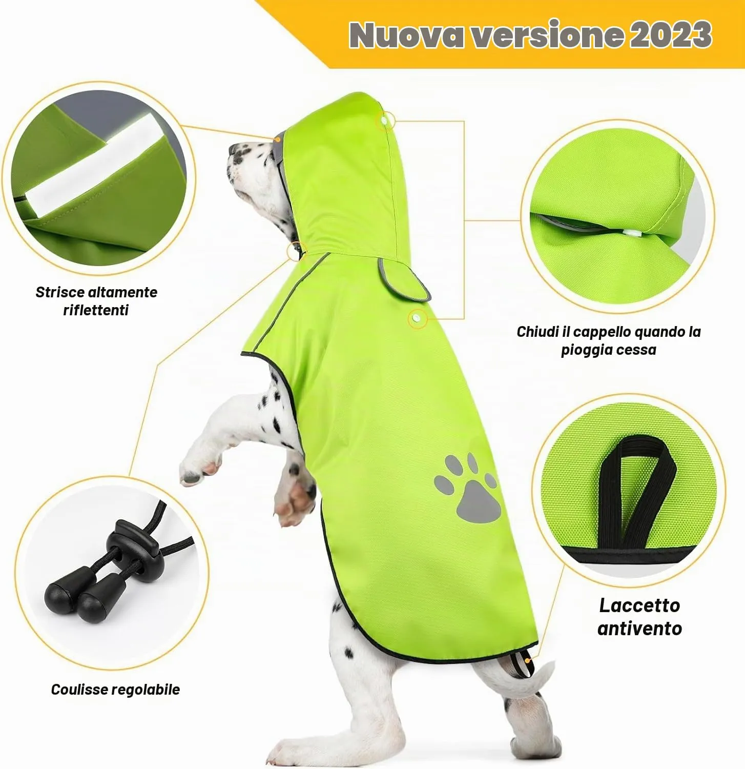 Cappotto impermeabile per cani – Tessuto Oxford verde con cappuccio e bordi riflettenti, ultraleggero con passaggio per pettorina (taglia grande) - immagine 4