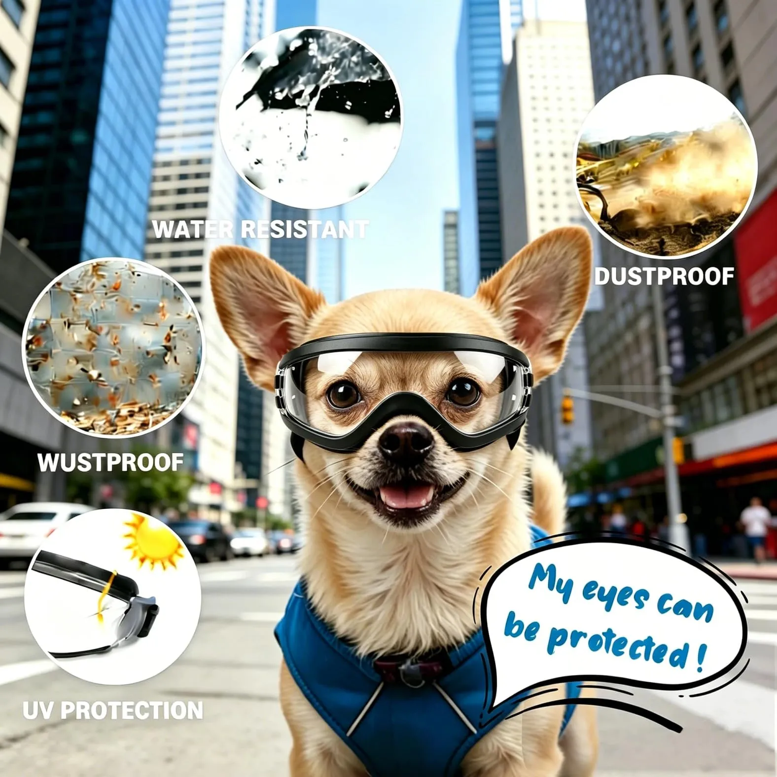 PETLESO, occhiali per cani per cani di taglia media, anti-UV, antivento, con fascetta elastica regolabile, occhiali da sole per cani per razze medie, trasparenti, taglia S - immagine 2