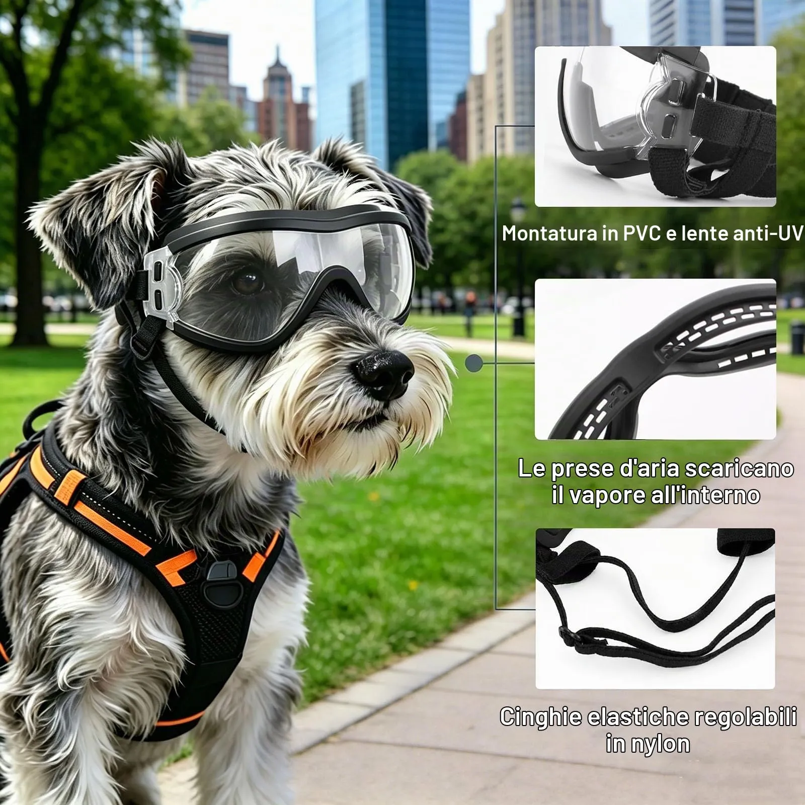 PETLESO, occhiali per cani per cani di taglia media, anti-UV, antivento, con fascetta elastica regolabile, occhiali da sole per cani per razze medie, trasparenti, taglia S - immagine 3