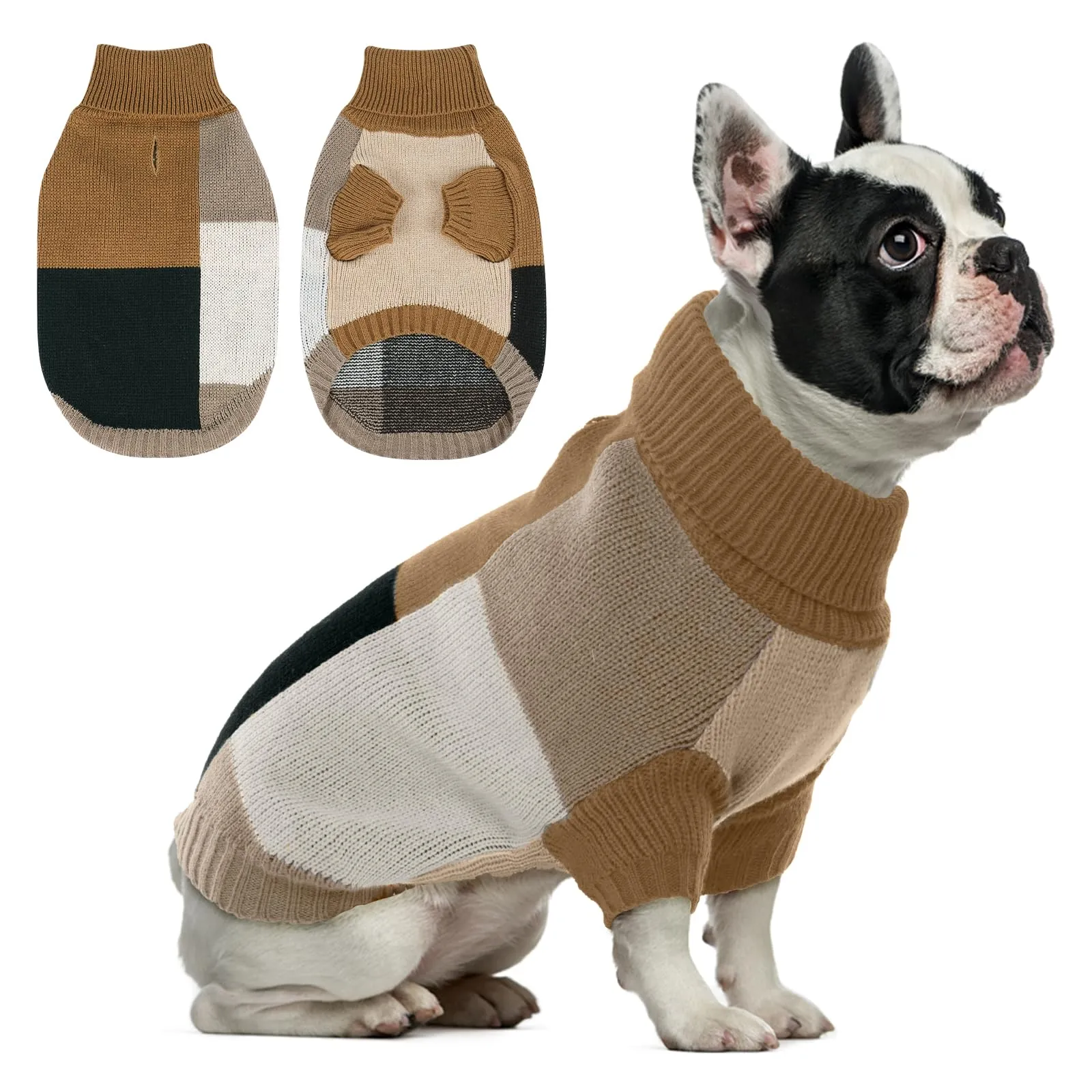 Maglione per cani di taglia media - Caldo maglione invernale lavorato a maglia con foro per imbracatura e collo alto - Comodo maglione per Natale - Bulldog francese, mix di moka, taglia L - immagine 1