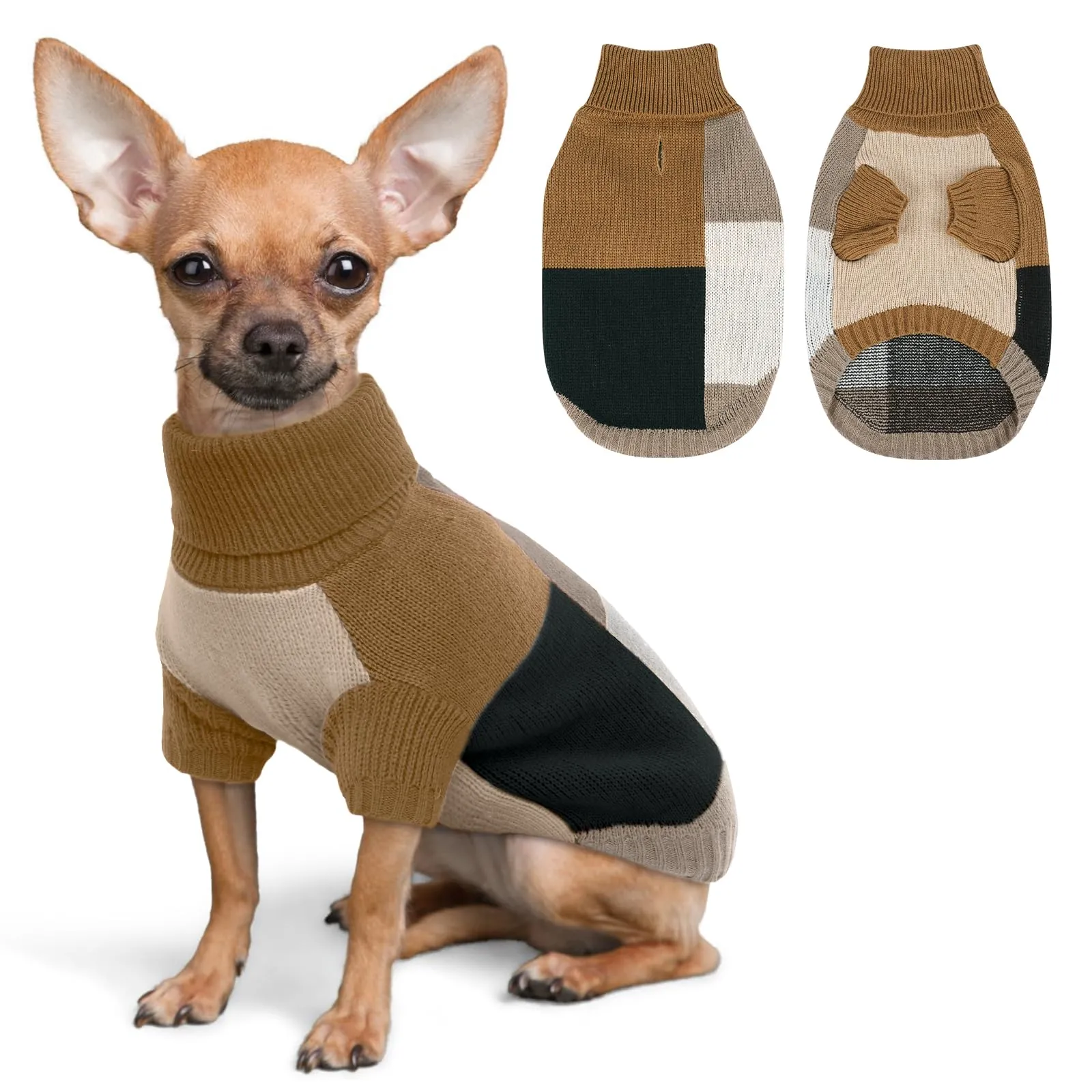 Maglione per cani di piccola taglia - caldo maglione invernale lavorato a maglia con foro per imbracatura e collo alto - comodo maglione per Natale - Chihuahua, Yorkshire Terrier, Moka Blend XS - immagine 1