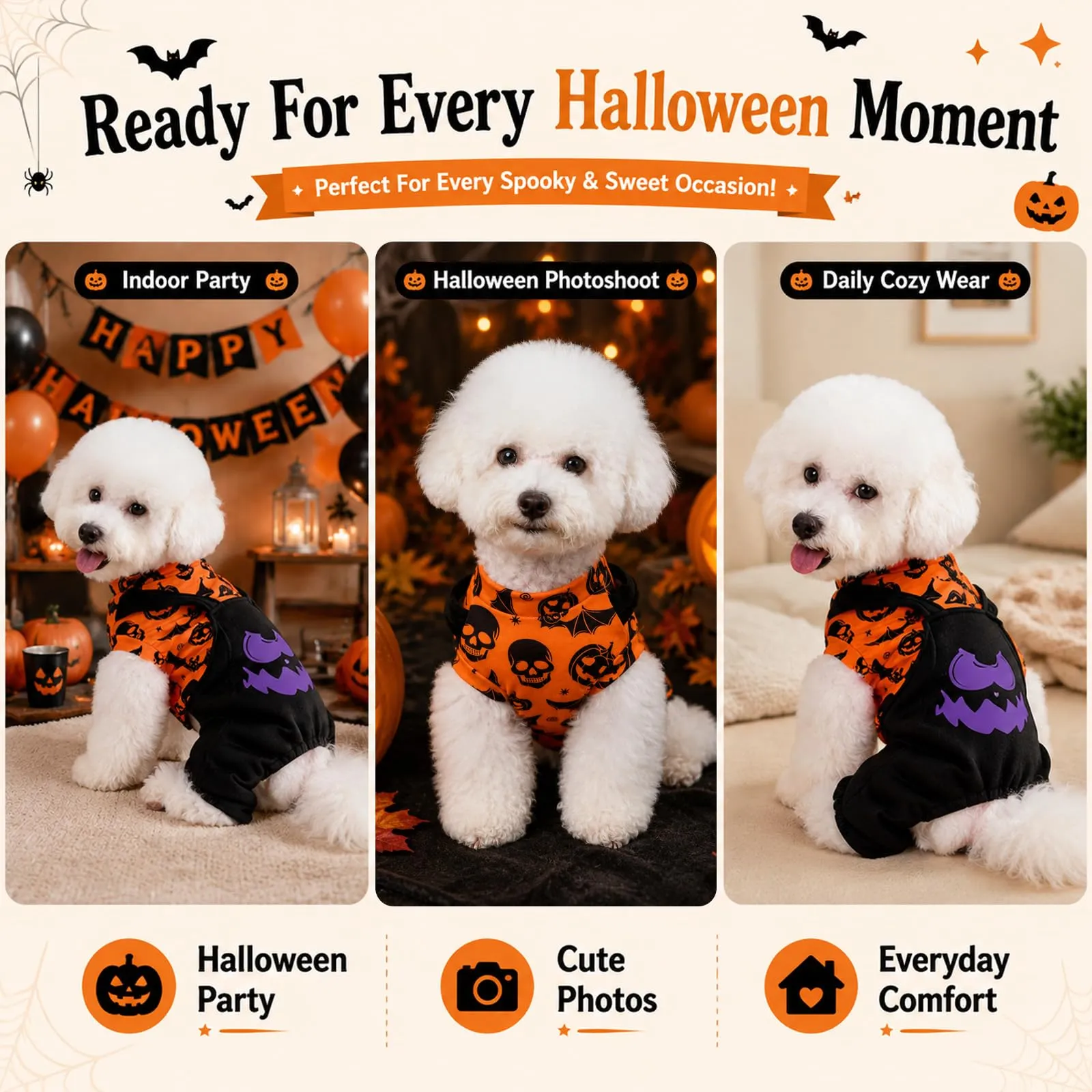 Beyinkoy Pigiama Halloween per cani, tutina 2-in-1 con zucche e pipistrelli - immagine 2