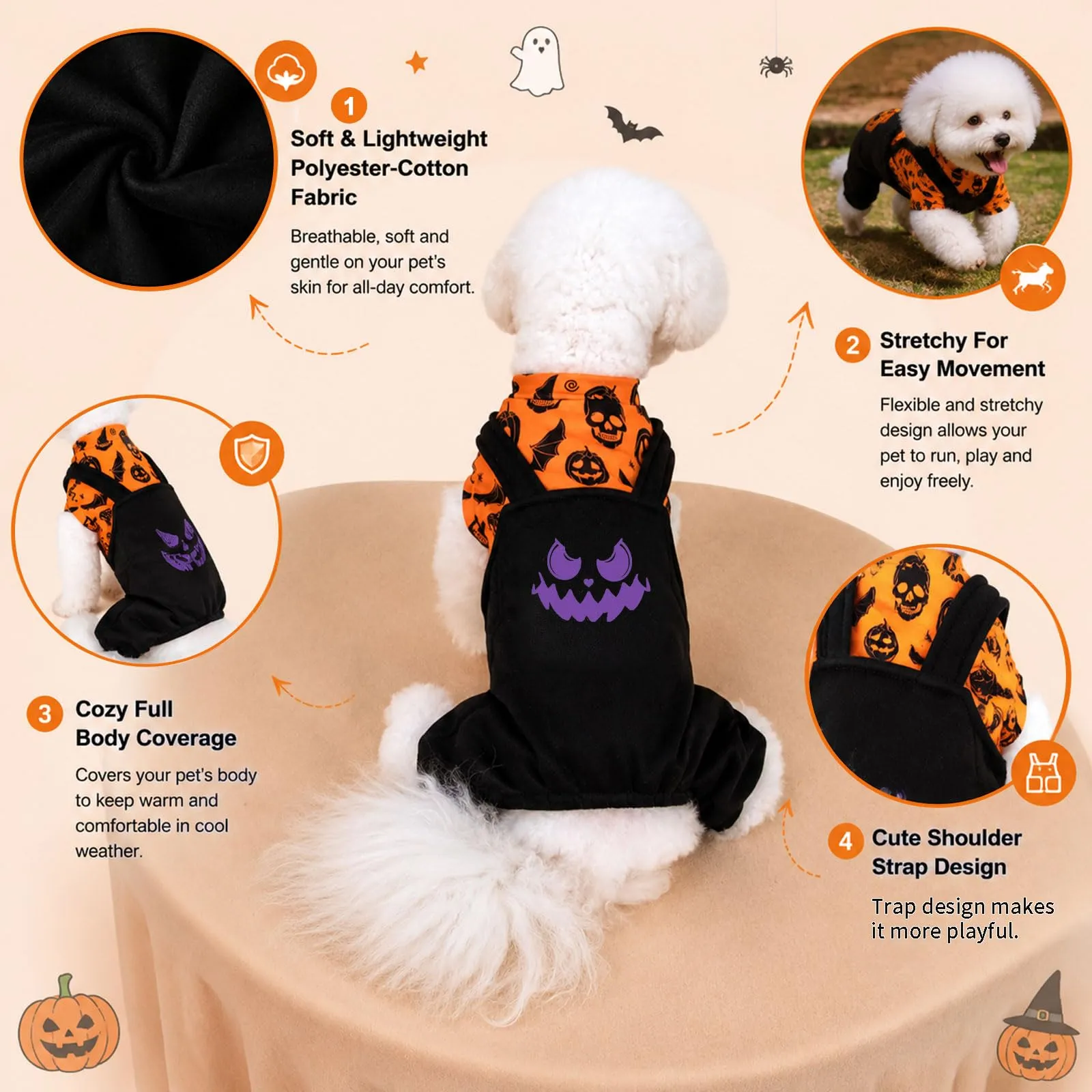 Beyinkoy Pigiama Halloween per cani, tutina 2-in-1 con zucche e pipistrelli - immagine 6