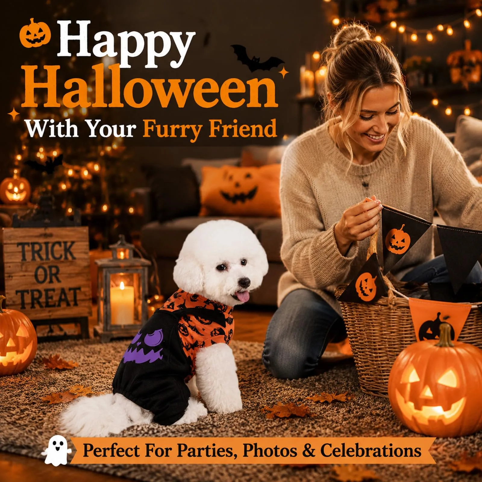 Beyinkoy Pigiama Halloween per cani, tutina 2-in-1 con zucche e pipistrelli - immagine 7