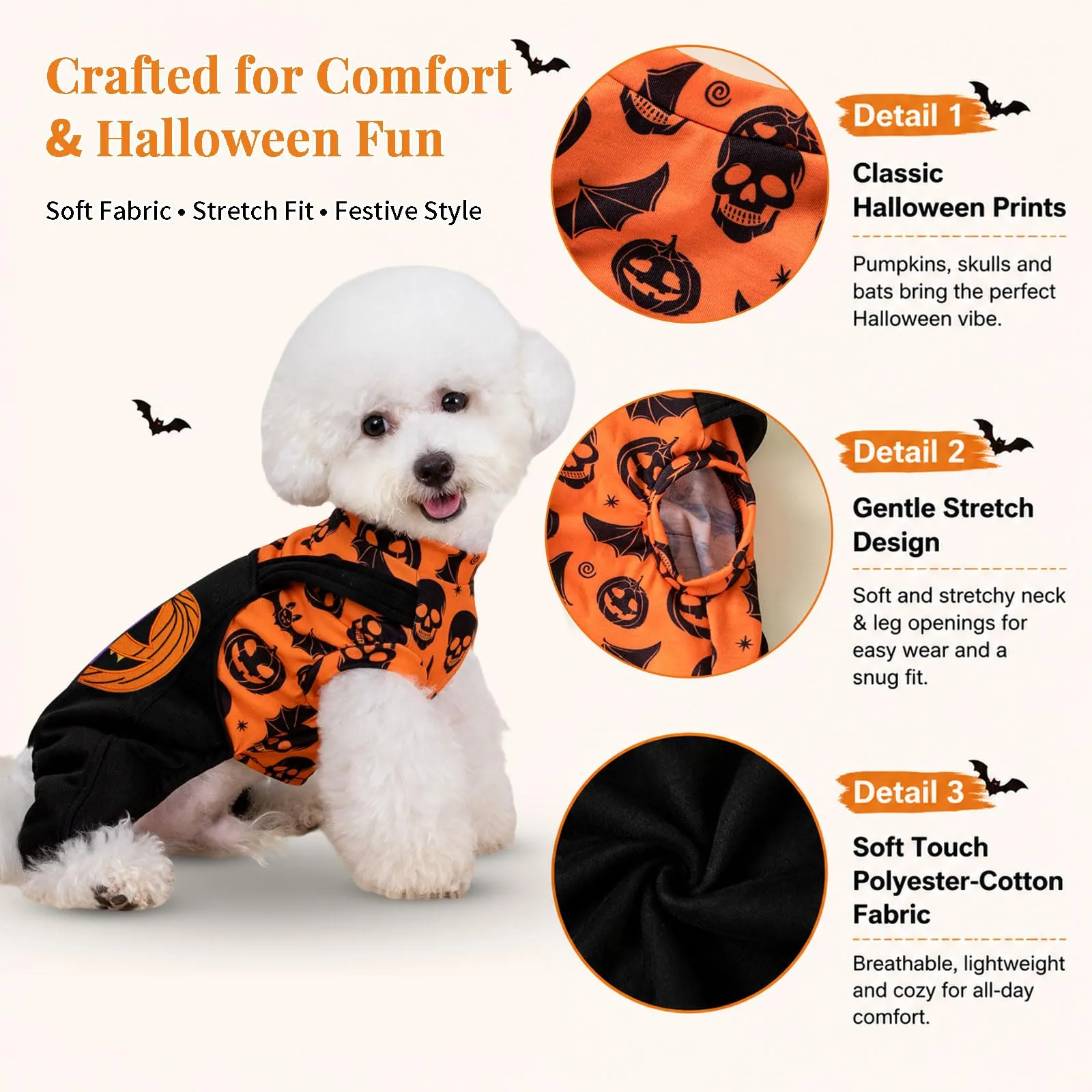 Beyinkoy Pigiama Halloween per cani, tutina 2-in-1 con zucche e pipistrelli - immagine 5
