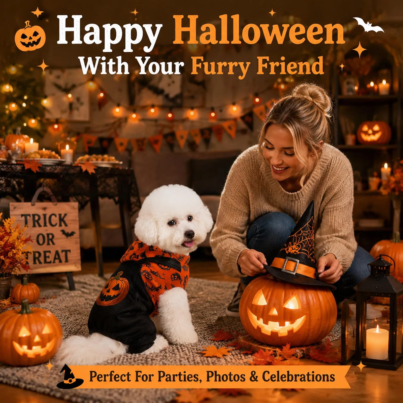 Beyinkoy Pigiama Halloween per cani, tutina 2-in-1 con zucche e pipistrelli - immagine 7