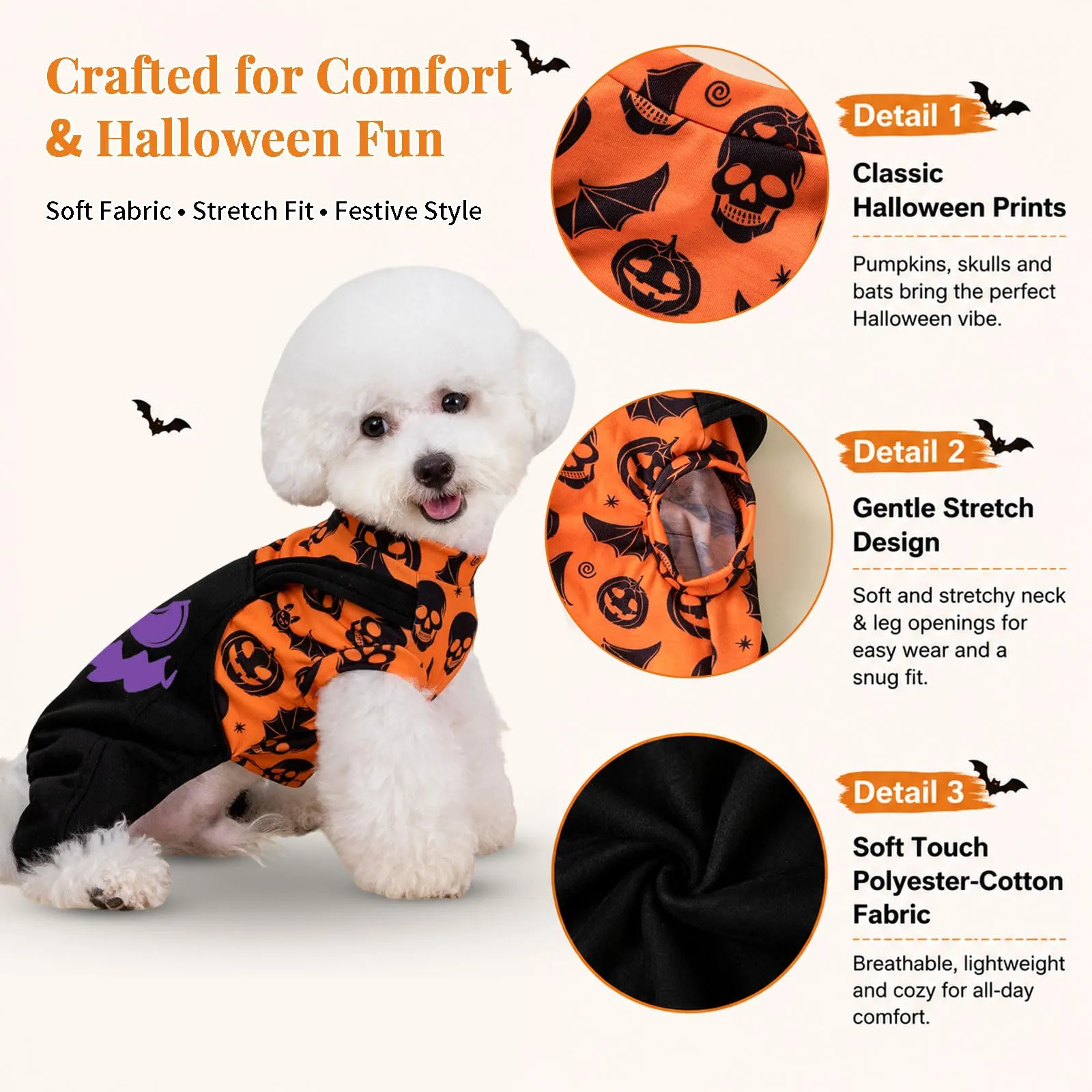 Beyinkoy Pigiama Halloween per cani, tutina 2-in-1 con zucche e pipistrelli - immagine 5