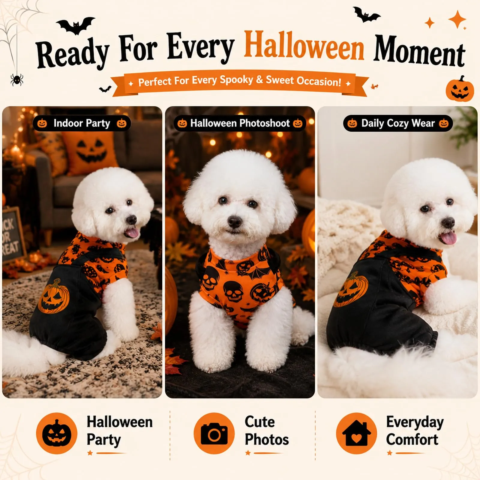 Beyinkoy Pigiama Halloween per cani, tutina 2-in-1 con zucche e pipistrelli - immagine 2