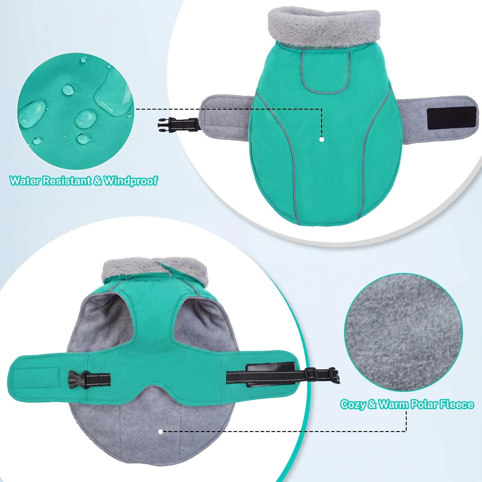 Cappotto per cani XXL, giacca per cani di taglia grande, cappotto in pile per cani di taglia grande, caldo cappotto per cani di taglia grande (turchese, 2XL) - immagine 2