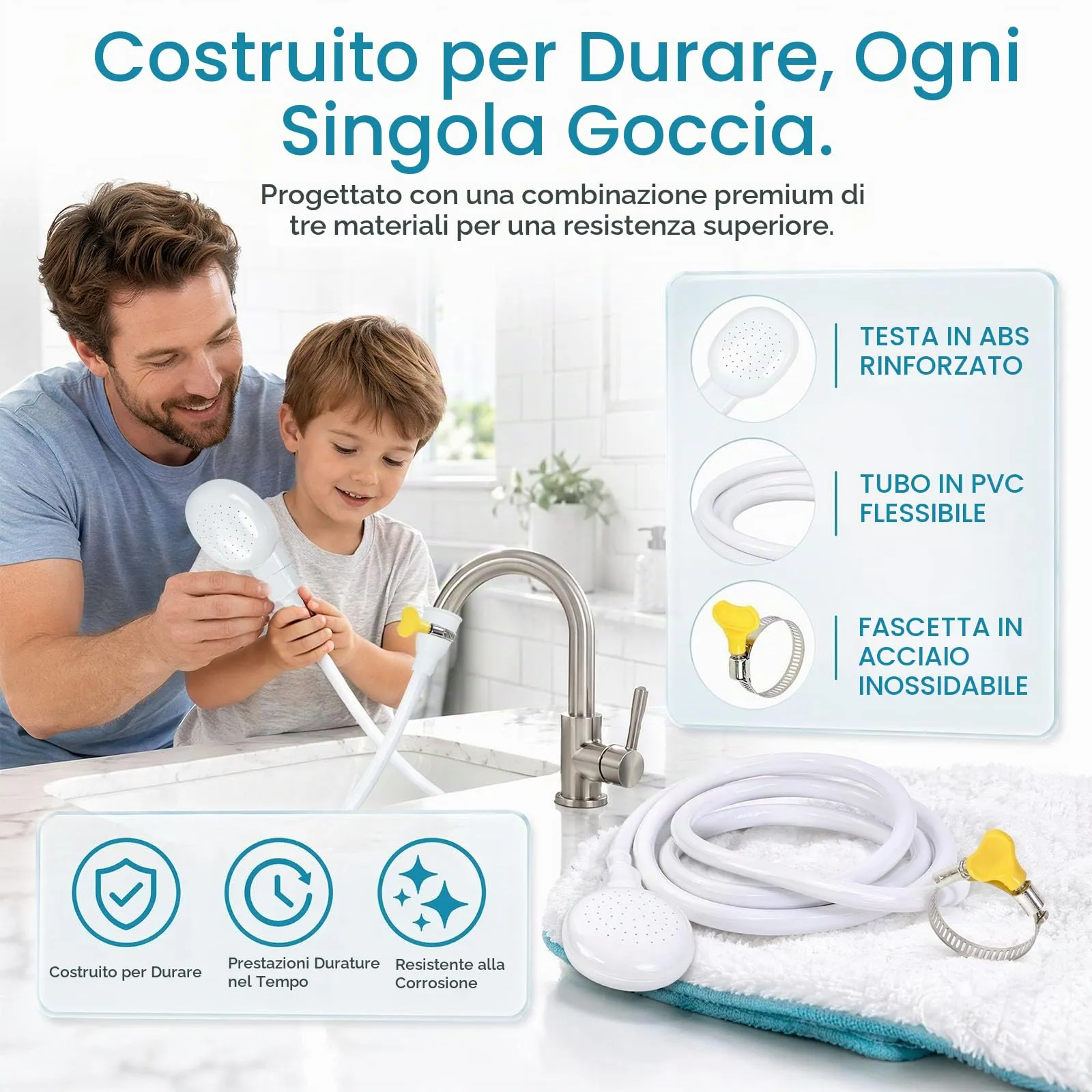 PULCINELLI Doccetta Portatile Multifunzionale per Lavandino con Tubo 2M - immagine 4