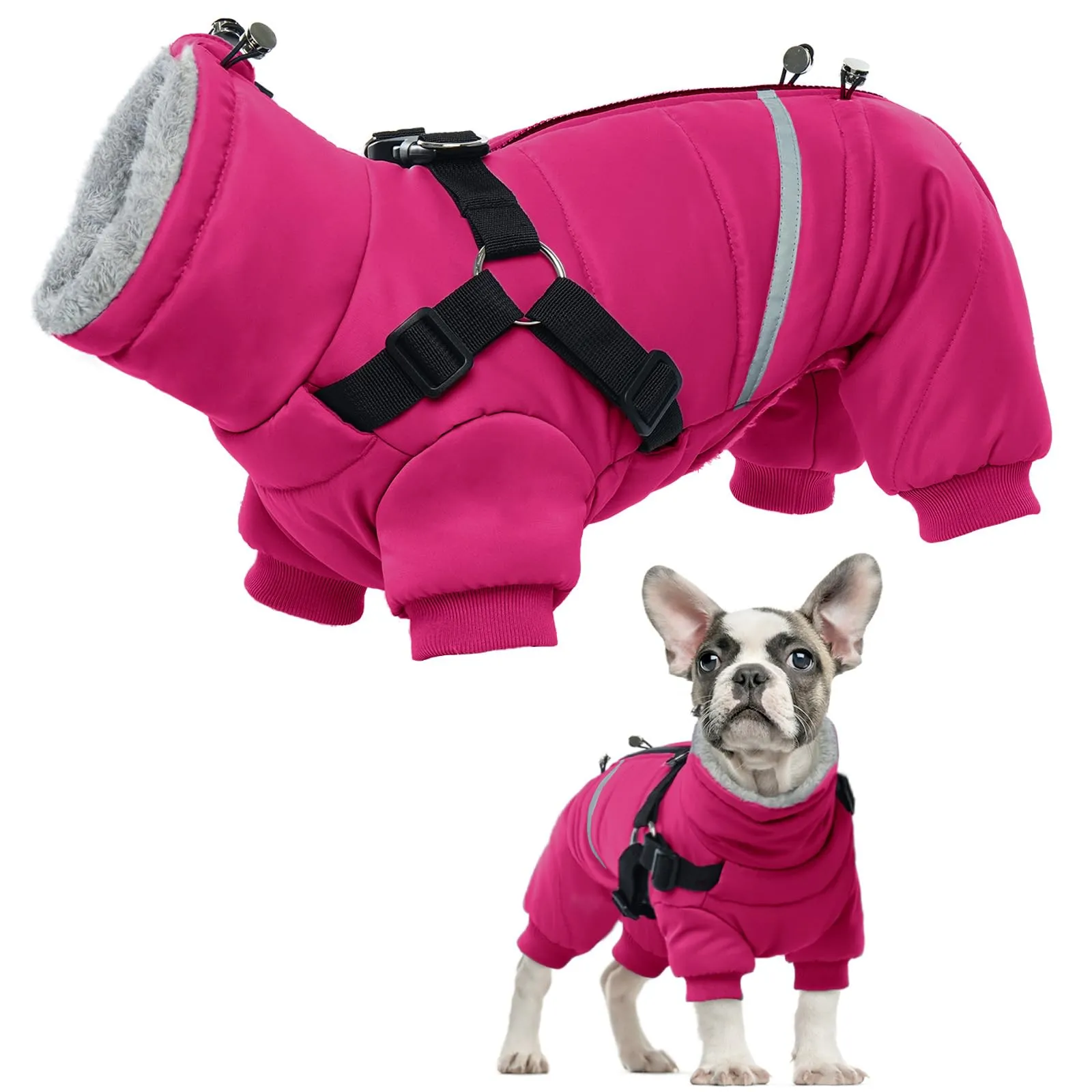 Mantello per cane con pettorina per cani piccoli - Giacca in pile calda per cucciolo - Cappotto invernale per cane piccolo - Combinazione invernale (rosa rossa, S) - immagine 1