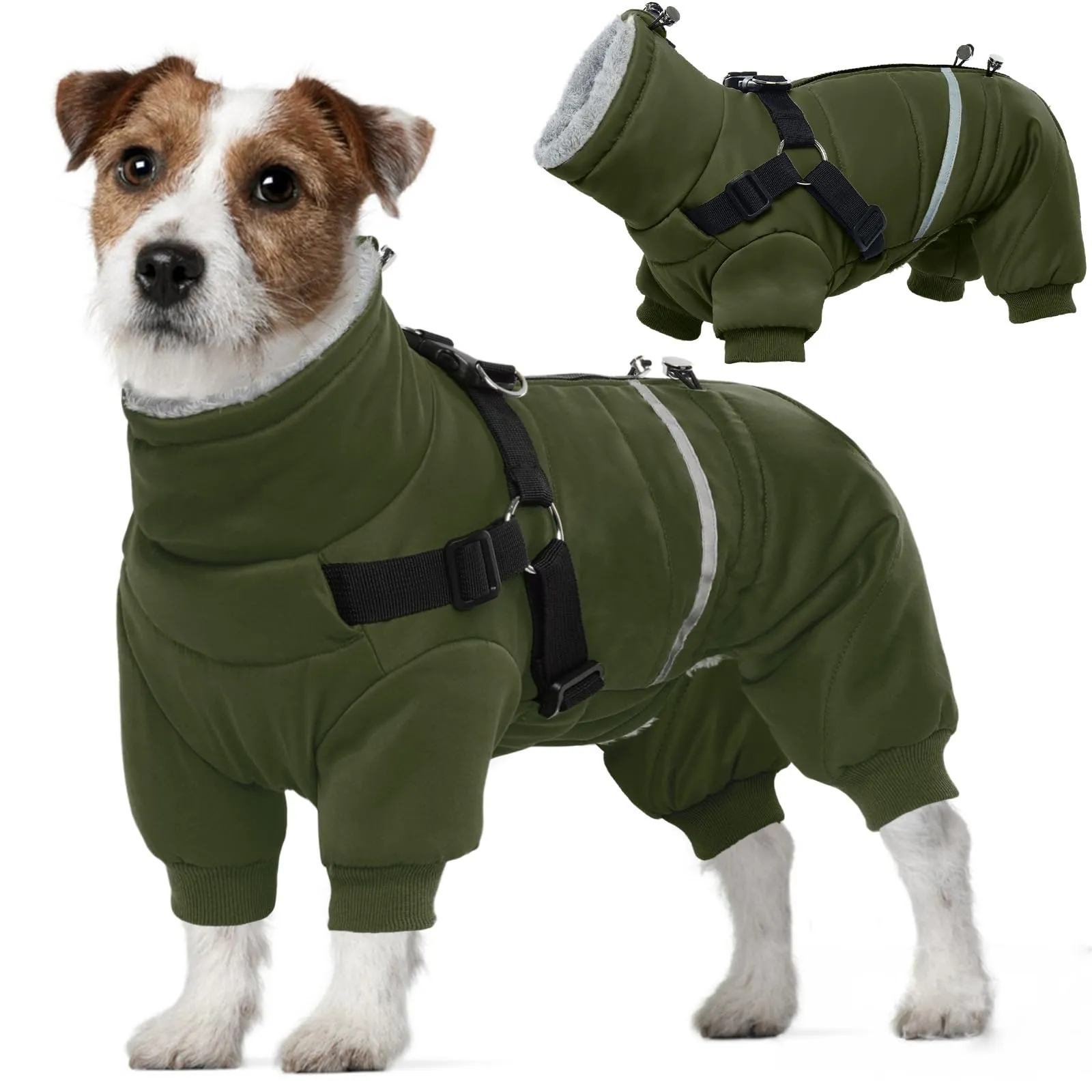 Cappotto invernale impermeabile per cani con gambe, cappotto invernale per cani con pettorina, giacca invernale in pile (verde militare, XL) - immagine 1