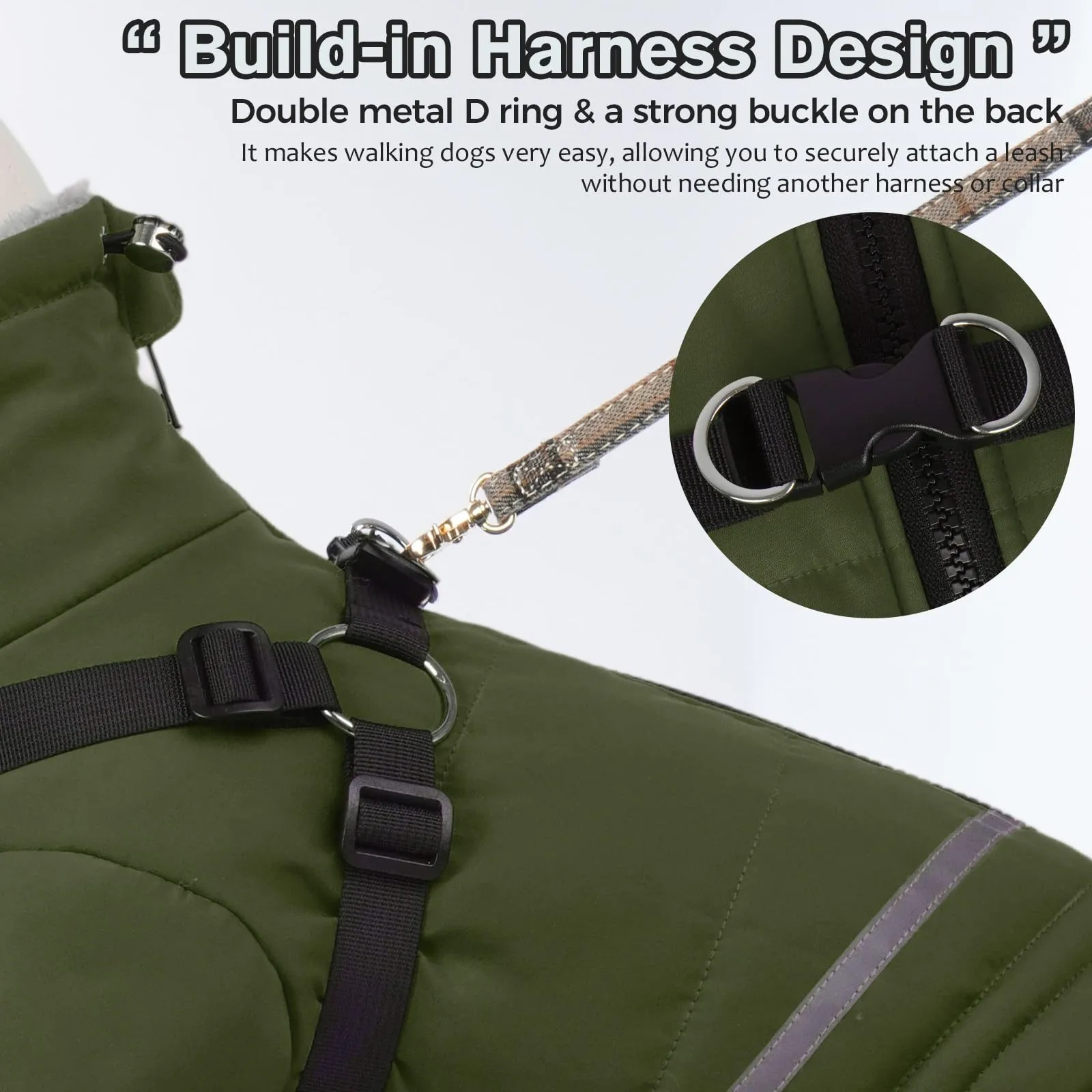 Cappotto invernale impermeabile per cani con gambe, cappotto invernale per cani con pettorina, giacca invernale in pile (verde militare, XL) - immagine 3