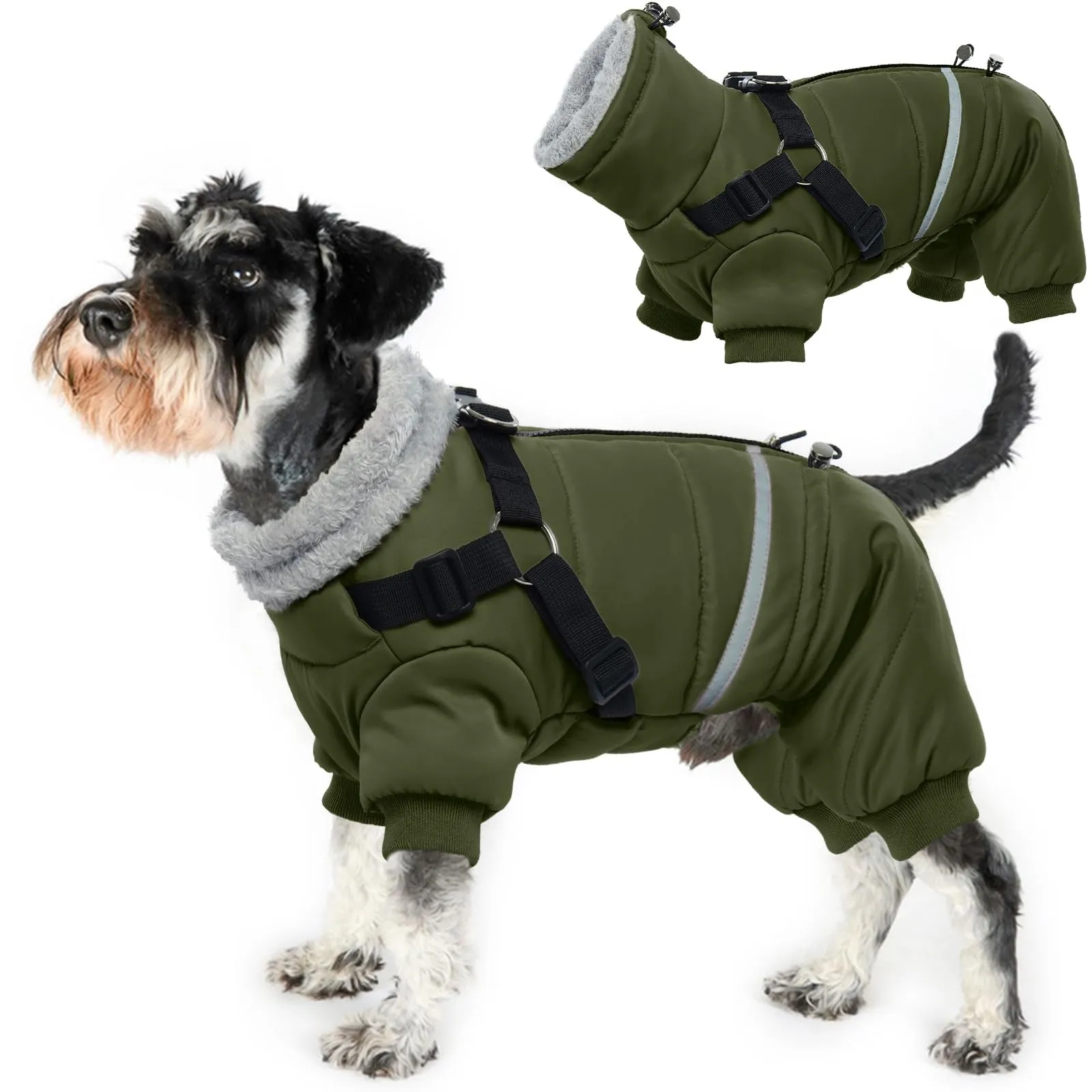 Cappotto impermeabile per cani, in morbido pile, antivento, caldo, cappotto invernale per cani, riflettente, per esterni, con imbracatura integrata e anelli a D in metallo (verde militare, L) - immagine 1
