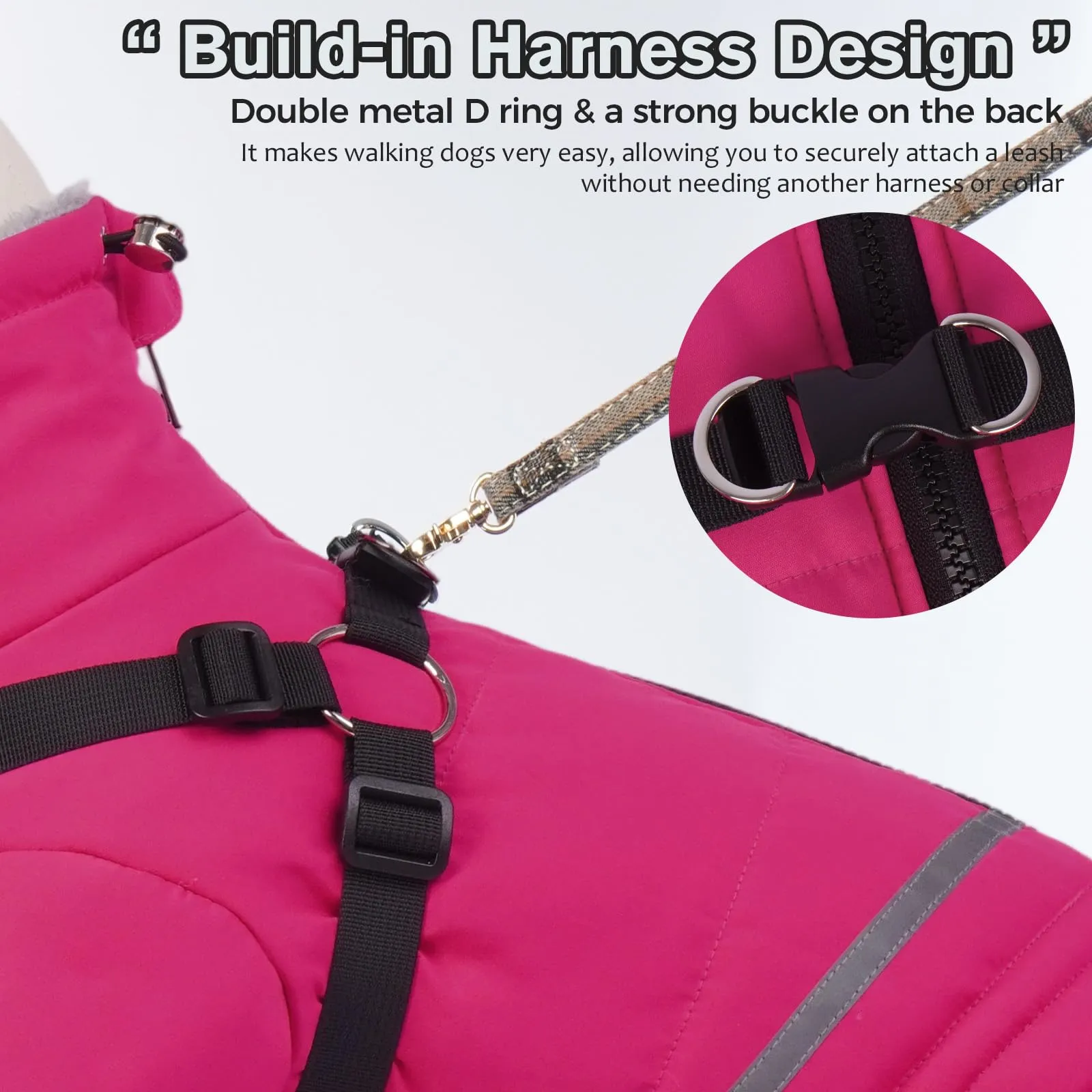 Giacca impermeabile in caldo pile per cani, giacca invernale calda, gilet per cani con strisce riflettenti, maglione per cani per l'inverno e l'autunno (rosso rosa, M) - immagine 3