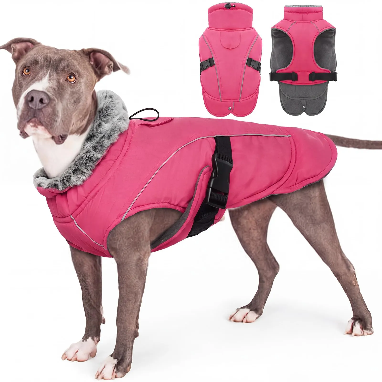 Cappotto impermeabile per cani, abbigliamento invernale caldo in pile, tuta da neve, gilet con colletto in pelliccia per cani, tuta da sci con foro per imbracatura (rosa, 2XL) - immagine 1