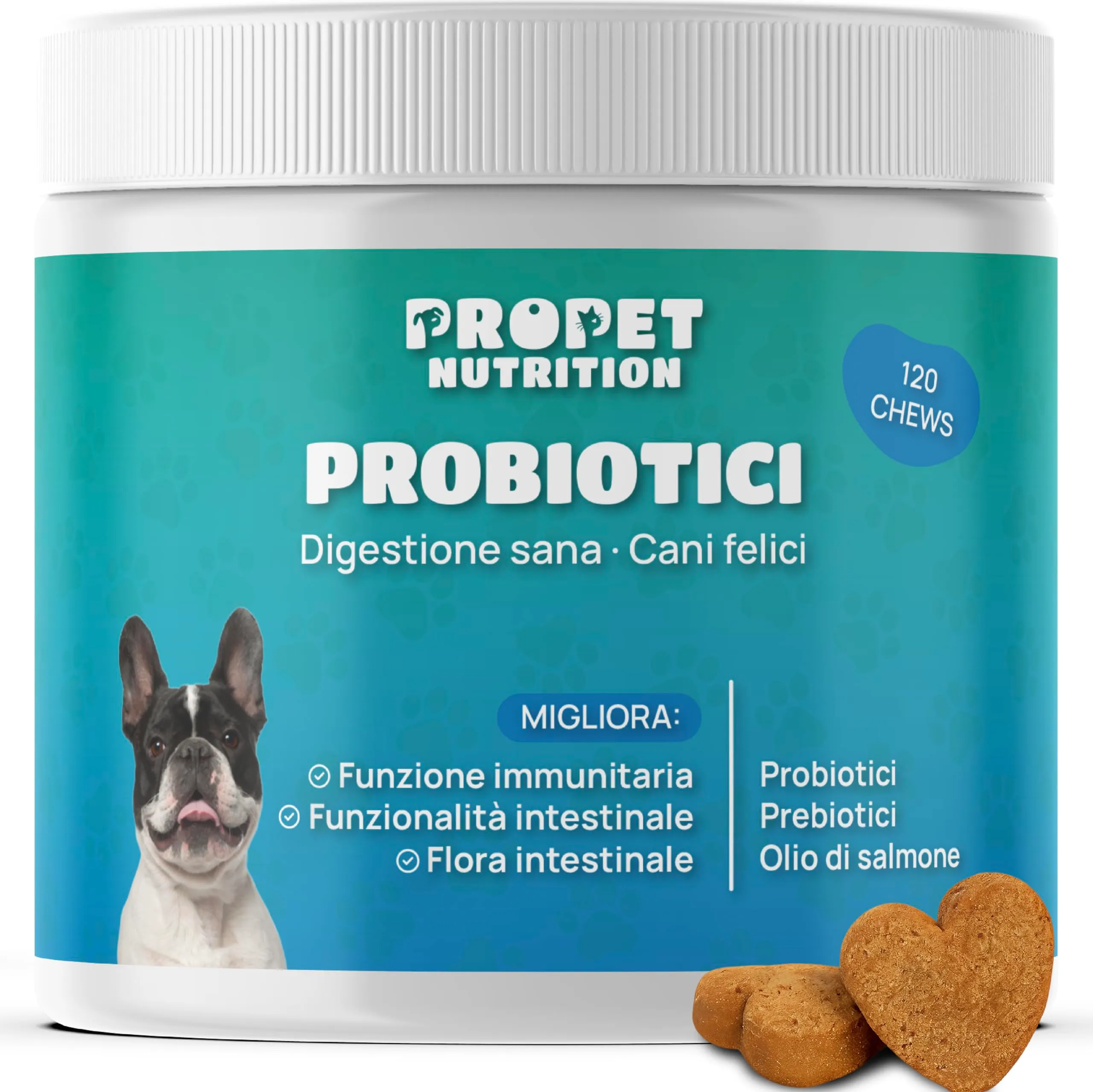 Probiotici per Cani (360 G.) Fermenti Lattici Cane + Prebiotici + Olio di Salmone. Equilibrio Intestinale e Digestione. 5 Miliardi UFC. 120 Masticativi. Ripristino della Flora Batterica. Gusto pollo - immagine 1